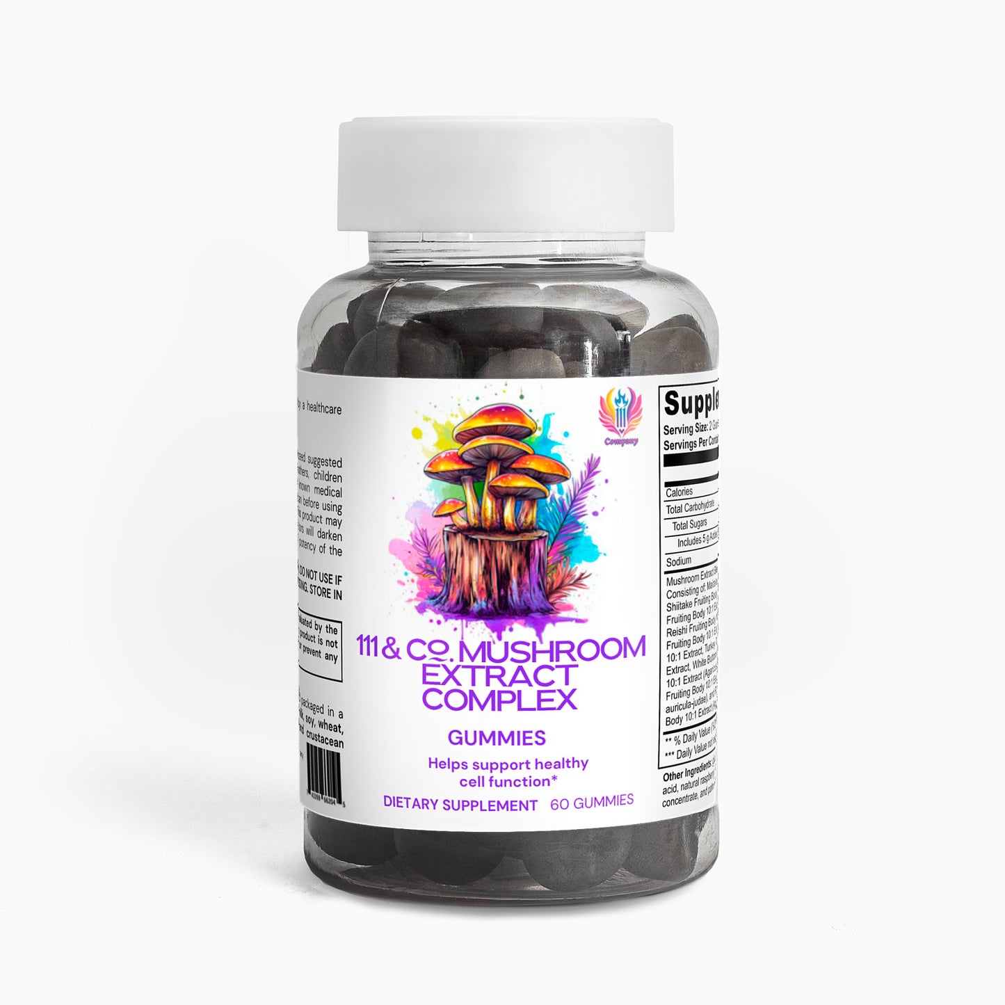 A clear bottle with dark gummies features a colorful label of vibrant mushrooms, reading 111 & COMPANY MUSHROOM COMPLEX GUMMIES by 111 & Company. It highlights support for healthy cell and cognitive function with 60 dietary supplement gummies to boost energy.