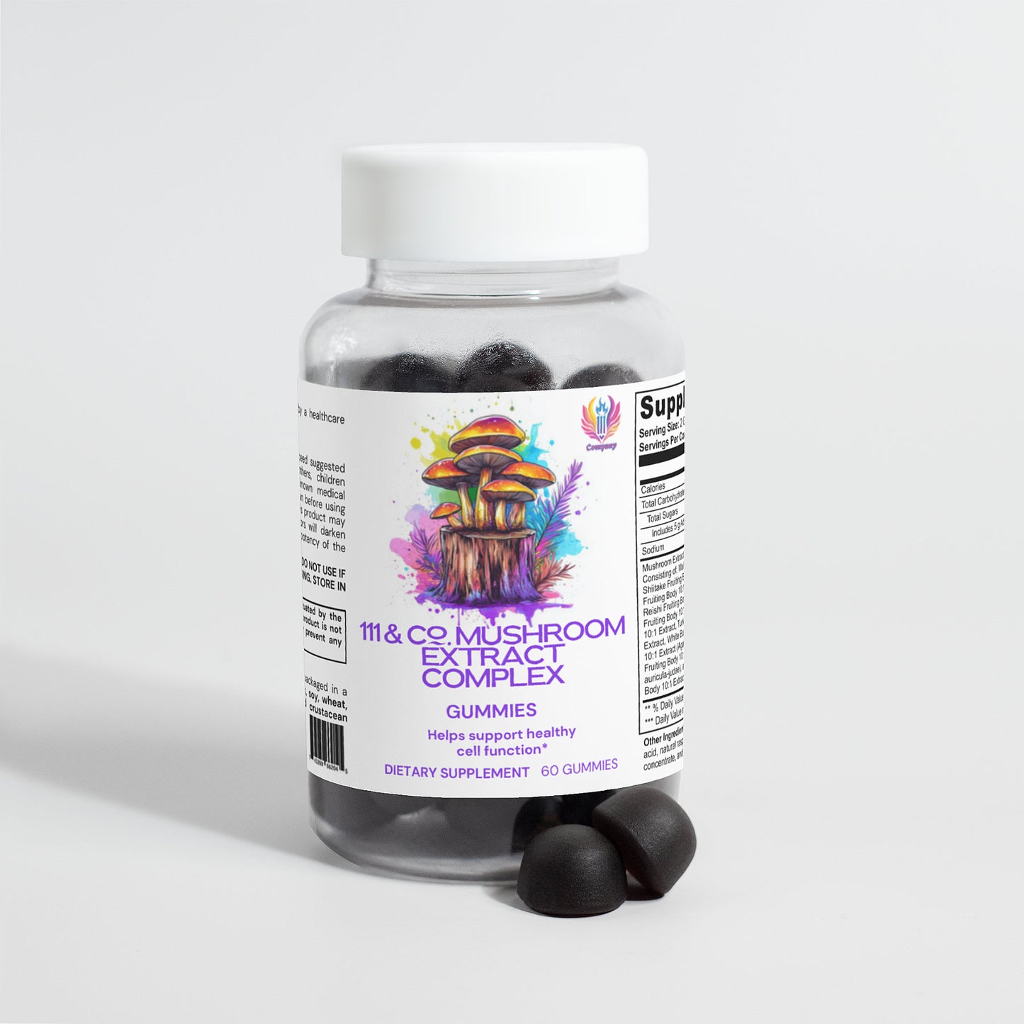 A clear plastic bottle labeled 111 & COMPANY MUSHROOM COMPLEX GUMMIES by 111 & Company holds 60 mushroom-shaped black gummies. The colorful label with mushrooms claims to support healthy cell and cognitive functioning. The bottle sits on a white surface.
