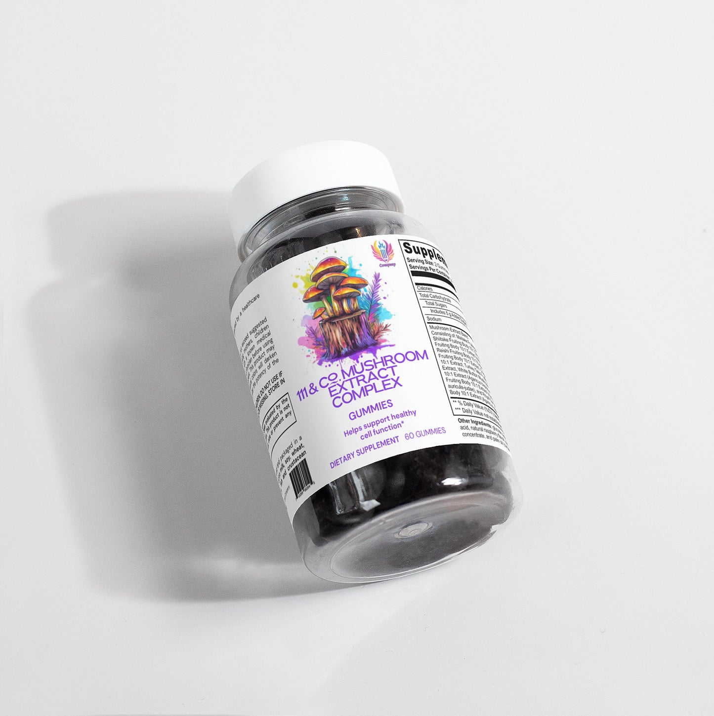 A plastic bottle on its side contains 60 black Mushroom Extract Gummies. The label reads: 111 & COMPANY MUSHROOM COMPLEX GUMMIES, highlighted by a stylized mushroom illustration. On a white surface, it includes flavor details, cognitive benefits, and 111 & Company branding elements.