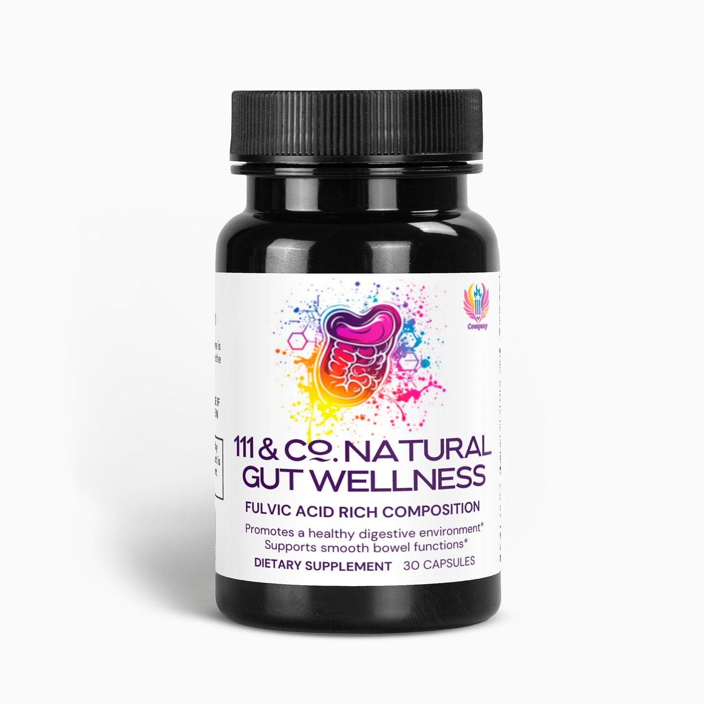 A black bottle from 111 & Company, labeled 111 & COMPANY NATURAL GUT WELLNESS CAPSULES, showcases vibrant digestive artwork and a Fulvic Acid Rich Composition to enhance gut health and support smooth bowel functions. It contains 30 capsules for optimal digestion.