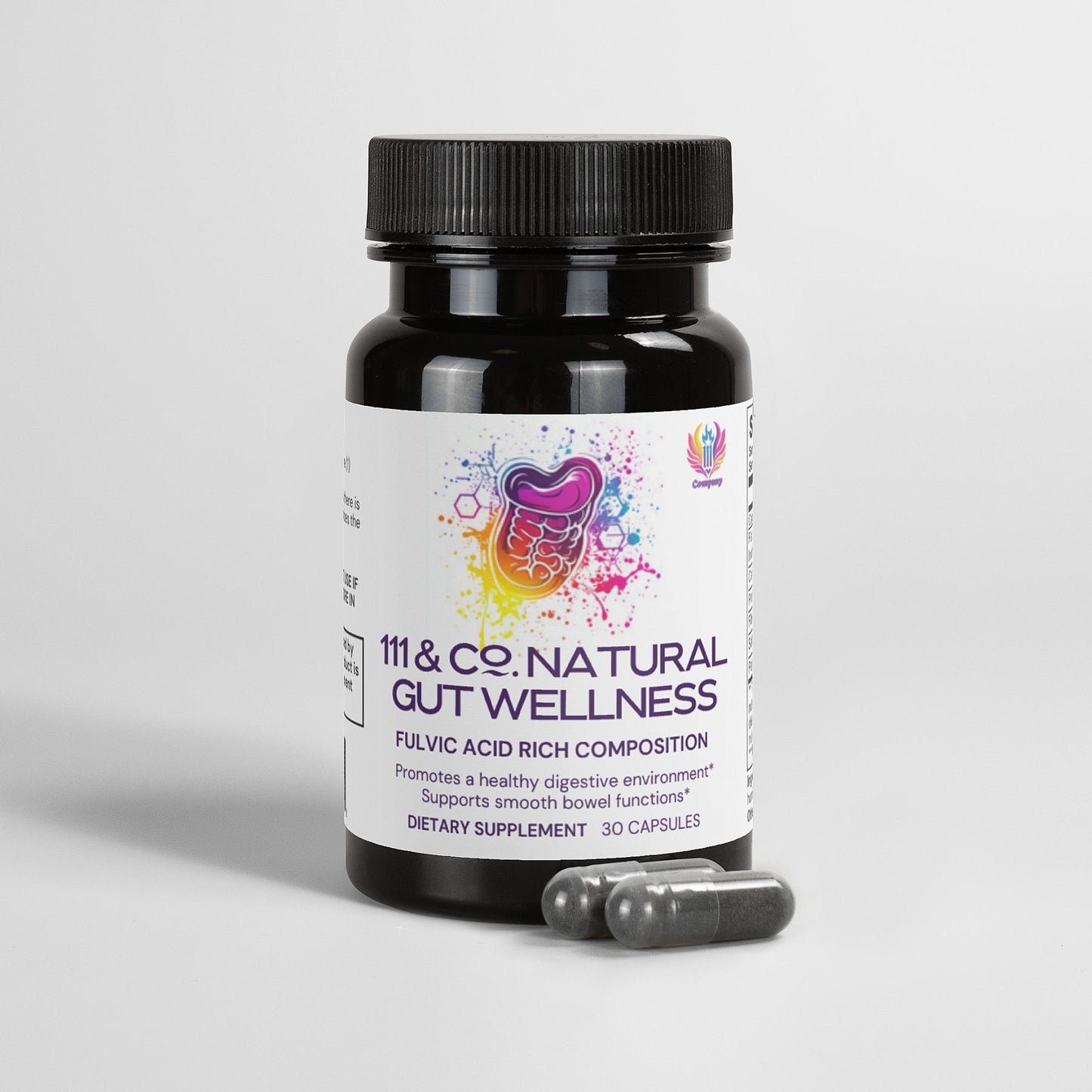 A black bottle of 111 & Company Natural Gut Wellness Capsules stands against a white background, containing 30 capsules with fulvic acid for digestive health. The label features a colorful stomach illustration and text detailing its gut health benefits.