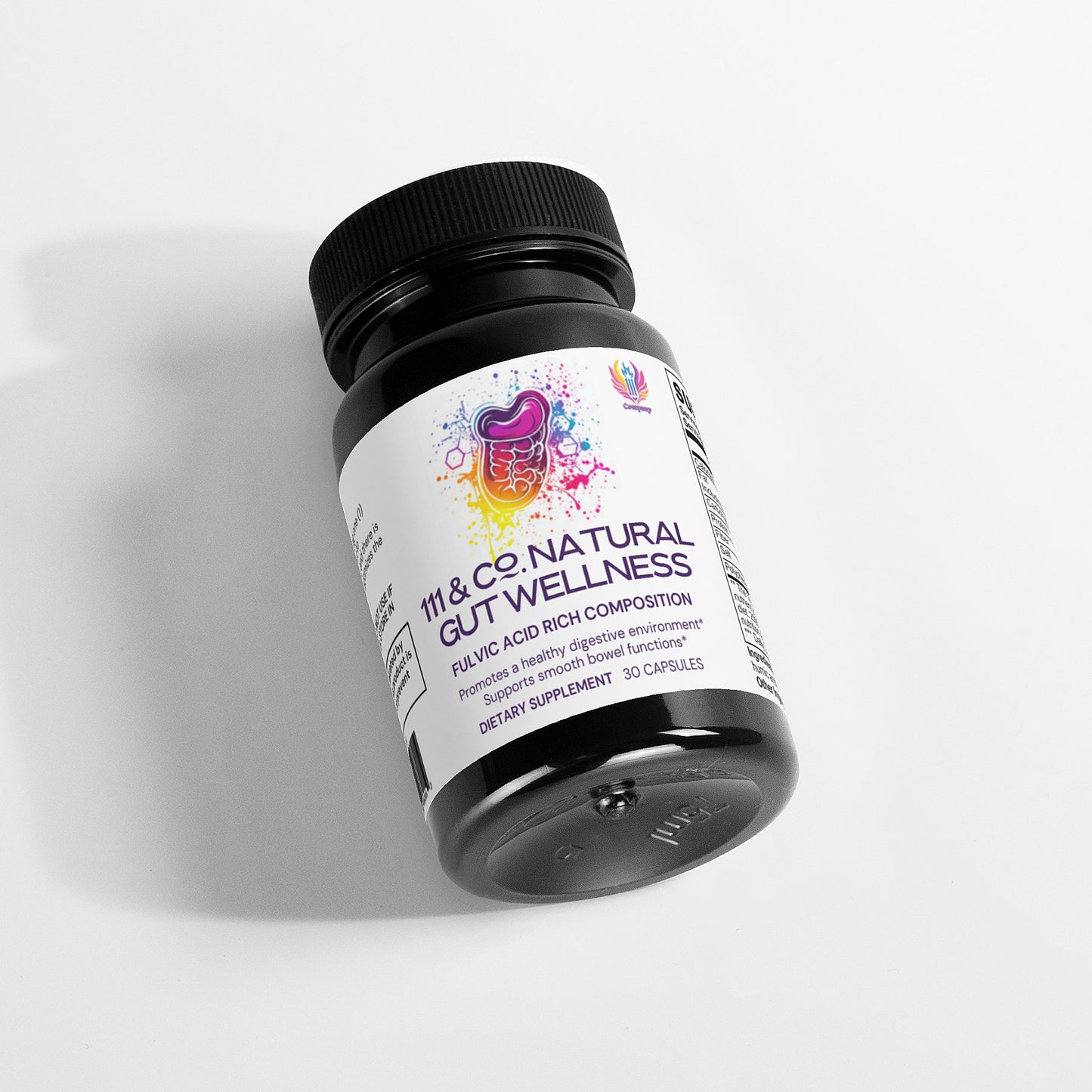 A bottle labeled 111 & Company Natural Gut Wellness Capsules is on its side, featuring a colorful abstract white label and promoting gut health with fulvic acid for digestive support. The black bottle from 111 & Company includes a child-resistant cap and holds 30 capsules.