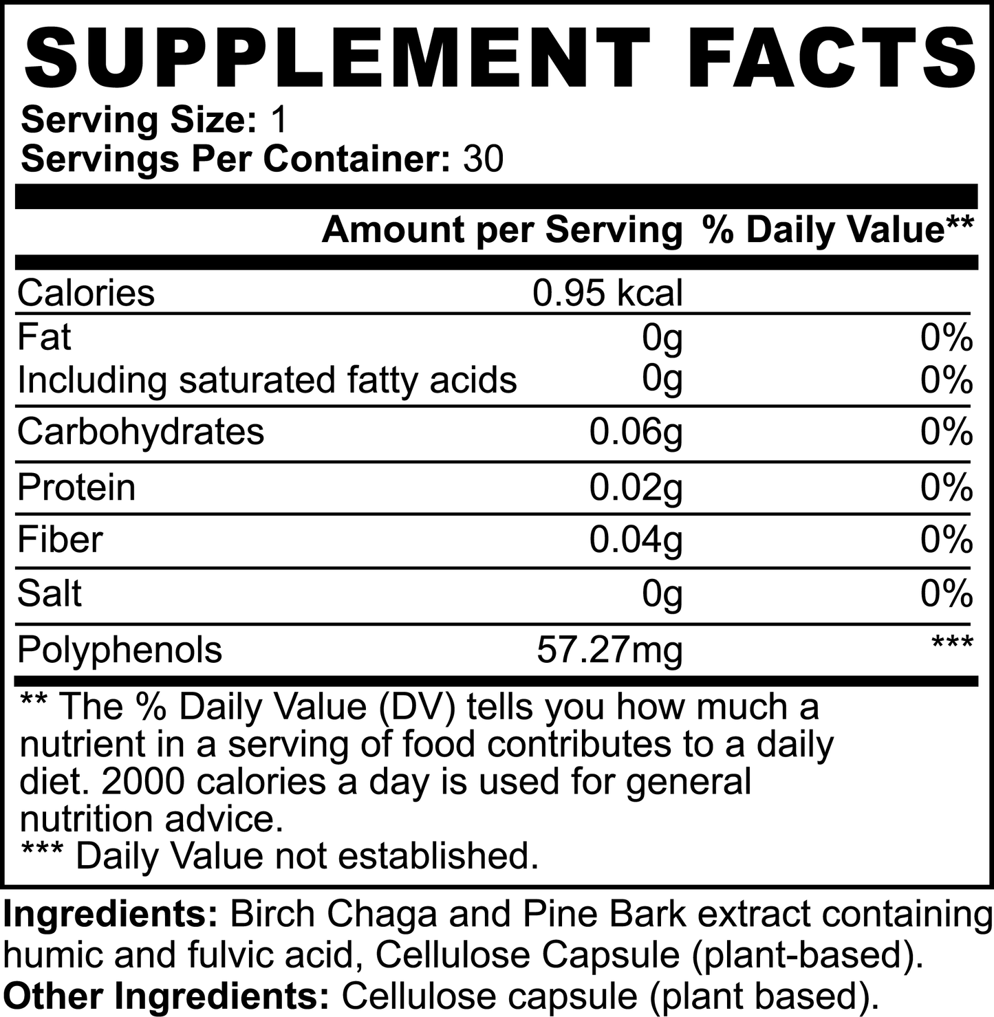 The 111 & COMPANY NATURAL GUT WELLNESS CAPSULES by 111 & Company come in a 30-capsule bottle with each serving size of one capsule. Each serving contains 57.27mg of polyphenols, minimal calories, fats, carbs, fiber, and sodium to support digestion. Ingredients include Birch Chaga and Pine Bark extract.
