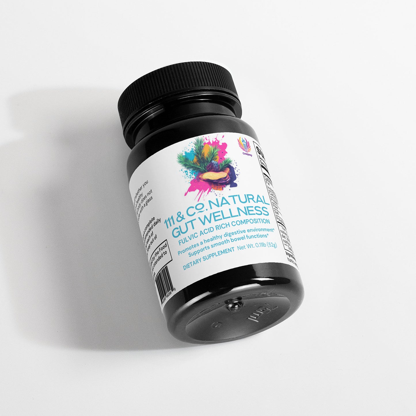 A black bottle of 111 & Company Gut Wellness Powder from 111 & Company sits on a white surface, featuring colorful abstract art and text promoting the gut microbiome benefits of fulvic acid composite. The label emphasizes its role in supporting digestive health and a healthy gut environment.