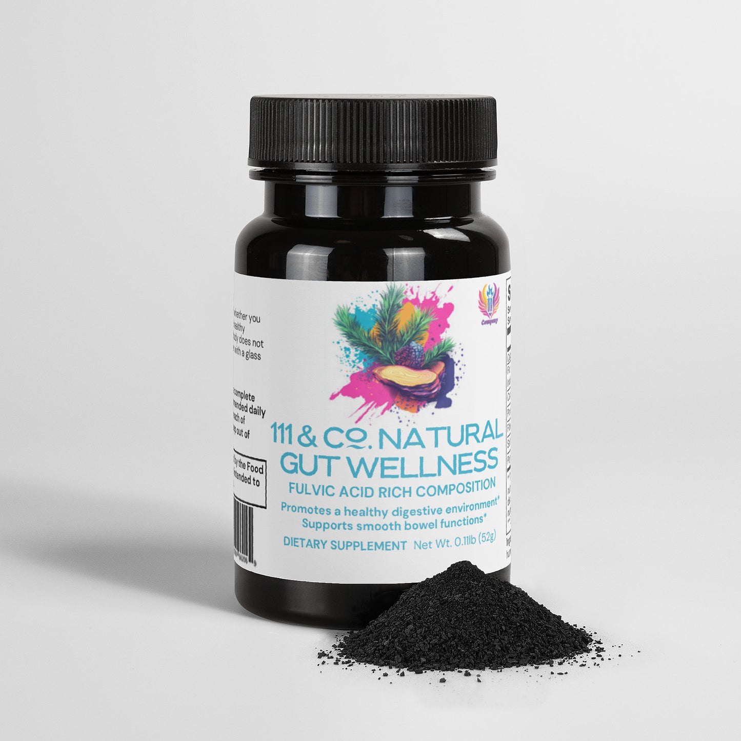 The black bottle labeled 111 & COMPANY GUT WELLNESS POWDER by 111 & Company stands upright, featuring colorful mushroom and herb graphics. It aids digestive health with fulvic acid. To the right is a small pile of black powder. Net weight: 0.11 lbs (50g).