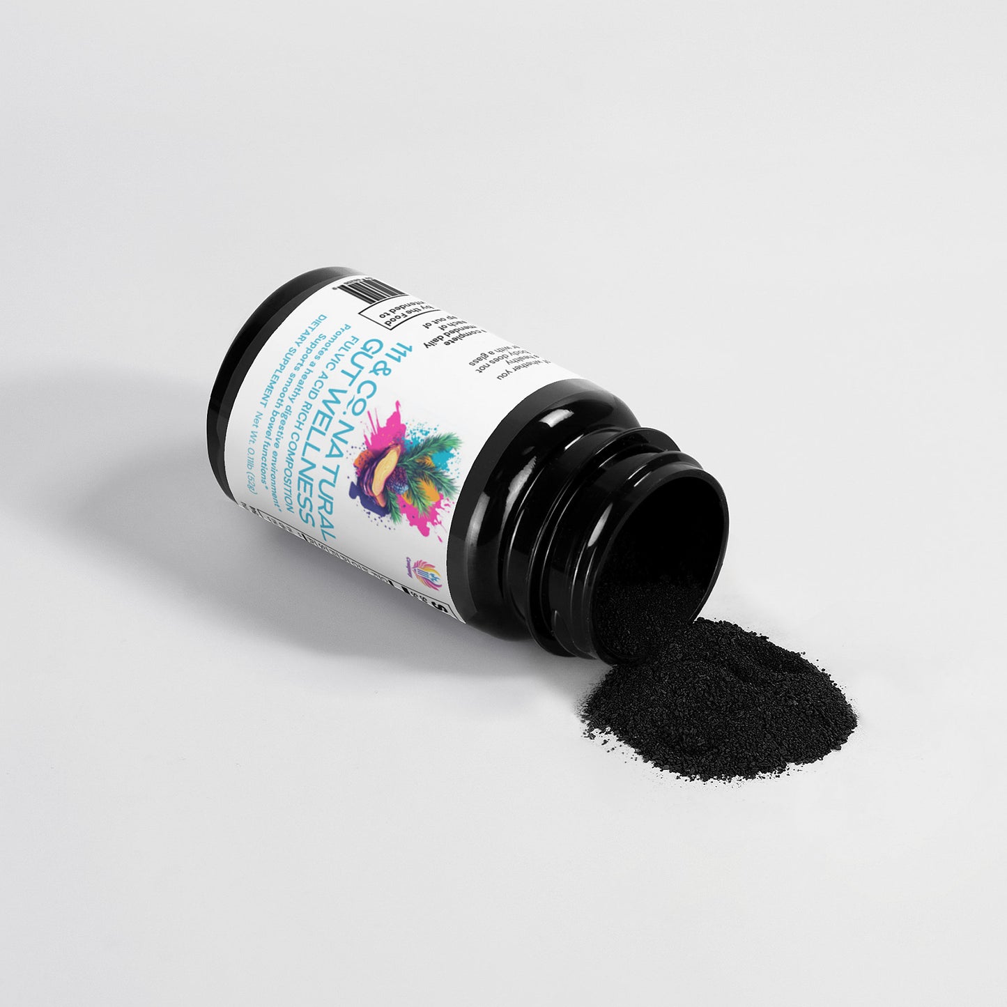 A bottle of 111 & COMPANY GUT WELLNESS POWDER lies on its side, spilling black powder onto a light gray background. The vibrant label highlights its fulvic acid content, essential for digestive health and a balanced gut microbiome.