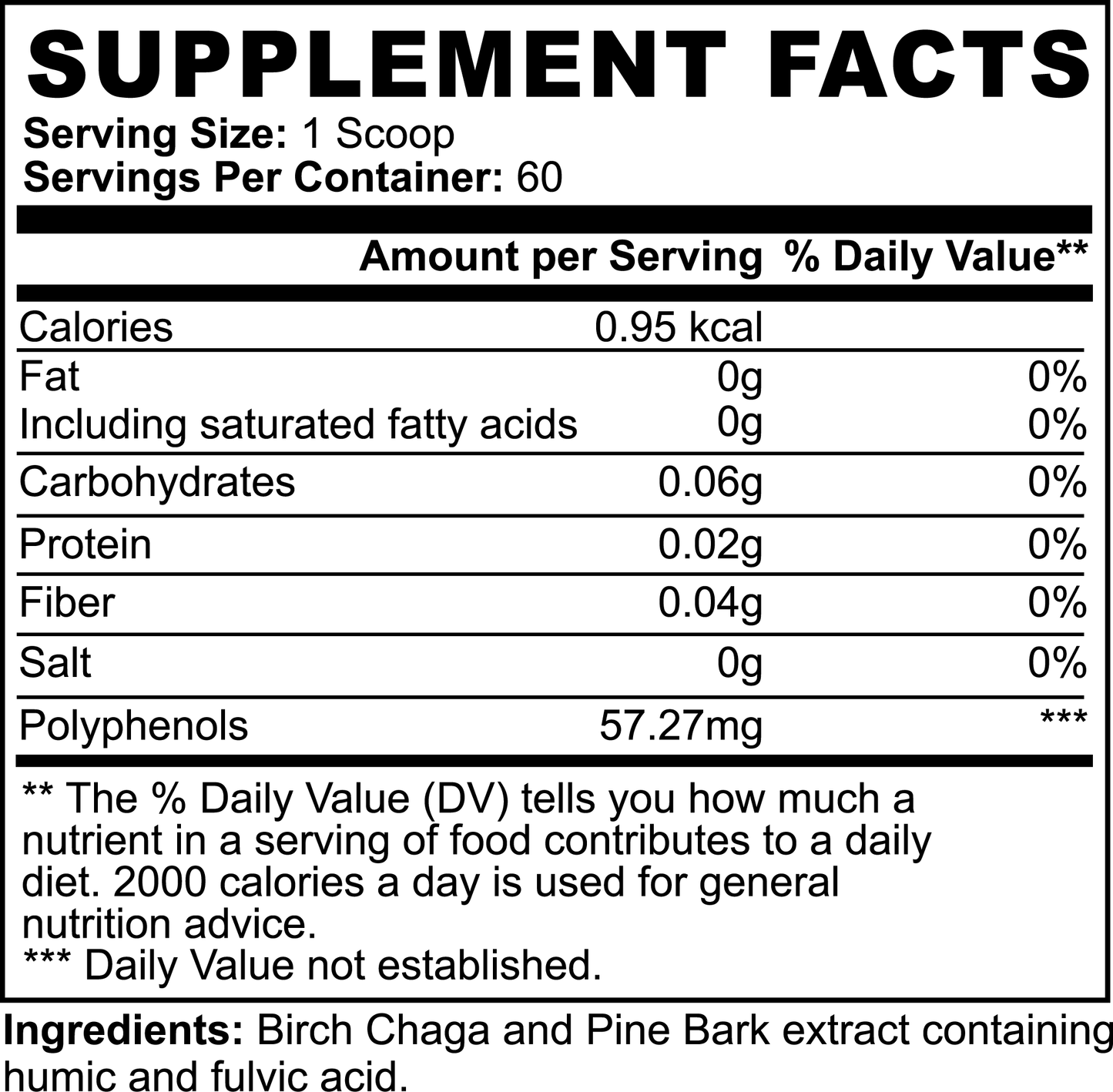 The 111 & COMPANY GUT WELLNESS POWDER offers a supplement facts label for 1 scoop per serving, with 60 servings per container. It has 0.95 kcal, 0g fat, and 0.06g carbs, includes birch chaga and pine bark extracts, fulvic acid for gut health, and contains 57.27mg polyphenols.
