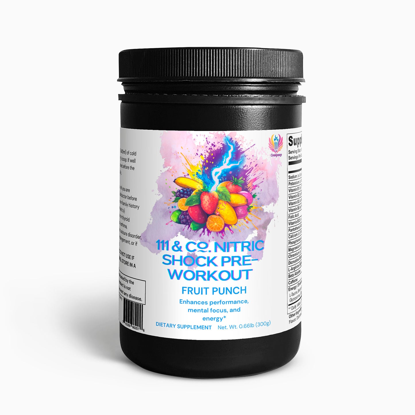 A 0.661 lb black jar of 111 & COMPANY Nitric Shock Pre-Workout Powder (Fruit Punch) features a vividly illustrated label of exploding fruits, promising enhanced performance, mental focus, and an energy boost.