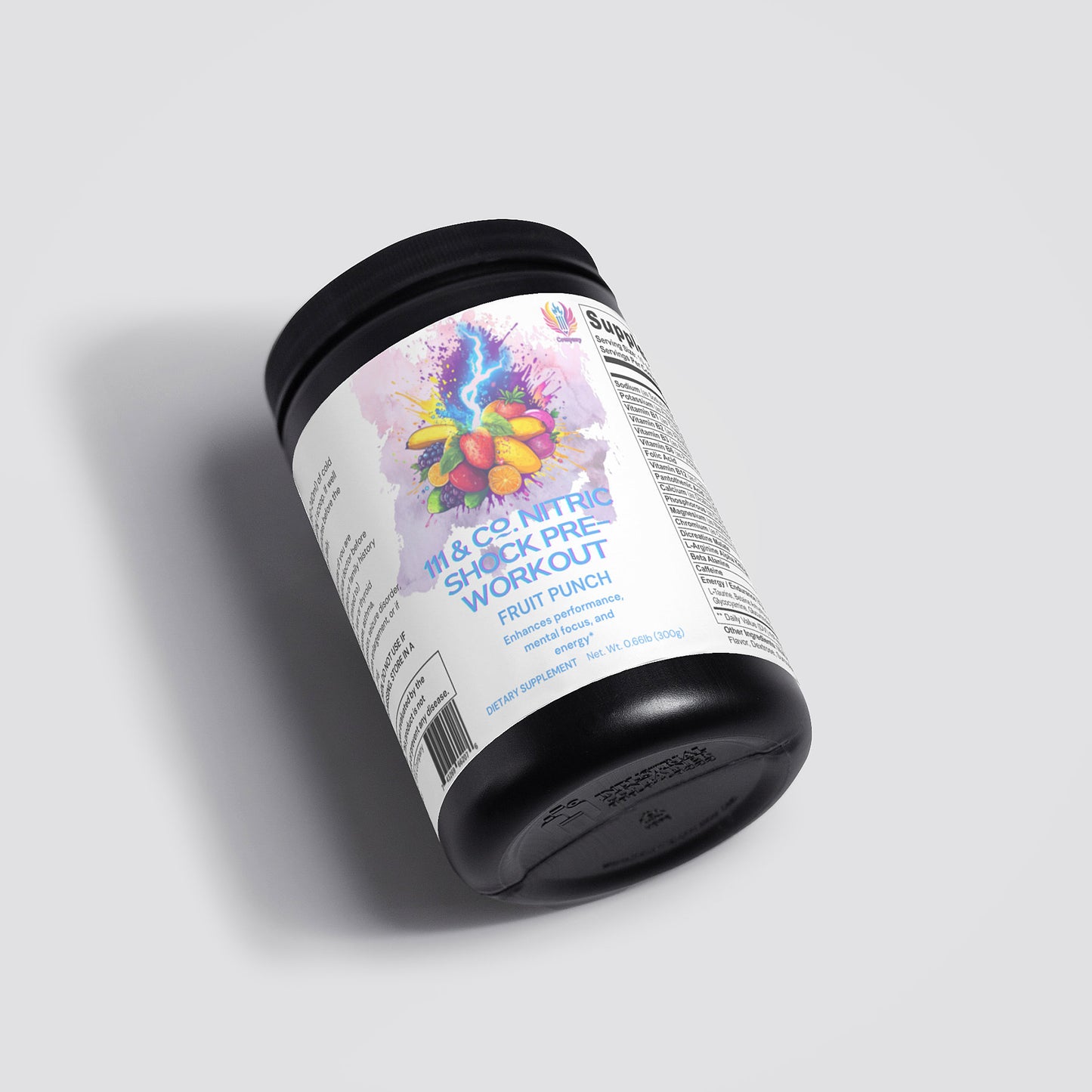 A black container of 111 & COMPANY NITRIC SHOCK PRE-WORKOUT POWDER by 111 & Company sports a white label with fruit splashes and the words Fruit Punch. Its designed for an energy boost, with nutritional info on the side, sitting on a light gray surface.