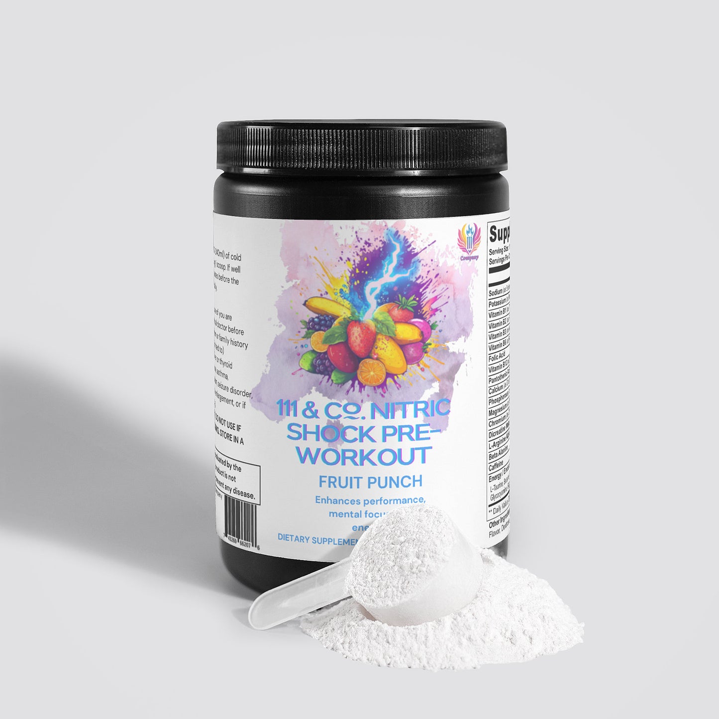 A black container of 111 & Company Nitric Shock Pre-Workout Powder (Fruit Punch), with a vibrant fruit illustration on the label, is shown with a plastic scoop filled with powder against a light gray background.