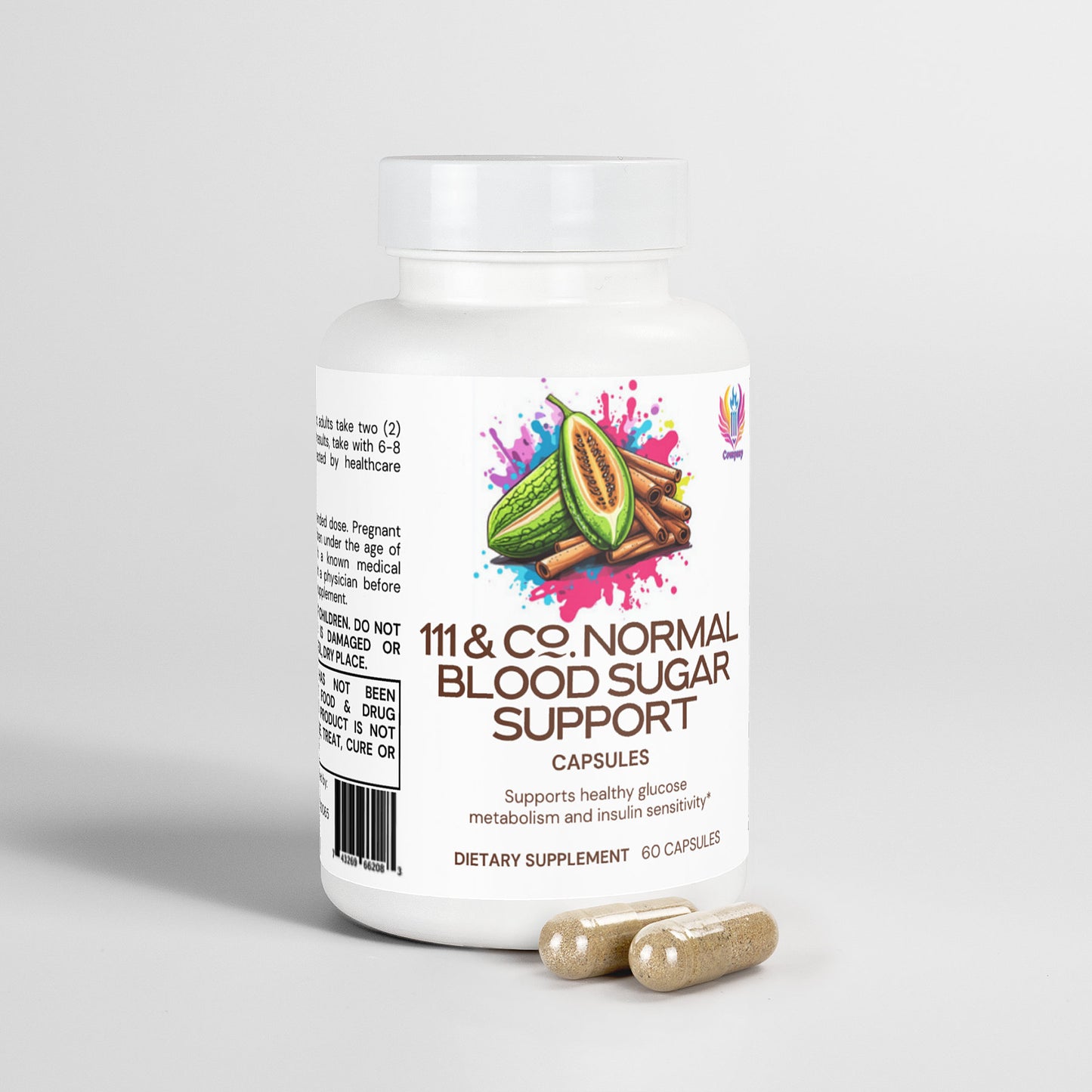 A white bottle labeled 111 & COMPANY NORMAL BLOOD SUGAR SUPPORT CAPSULES from 111 & Company is shown, featuring a colorful splash design with cinnamon sticks and sliced fruit. It emphasizes insulin sensitivity and glucose metabolism. The bottle contains 60 dietary supplement capsules visible beside it.