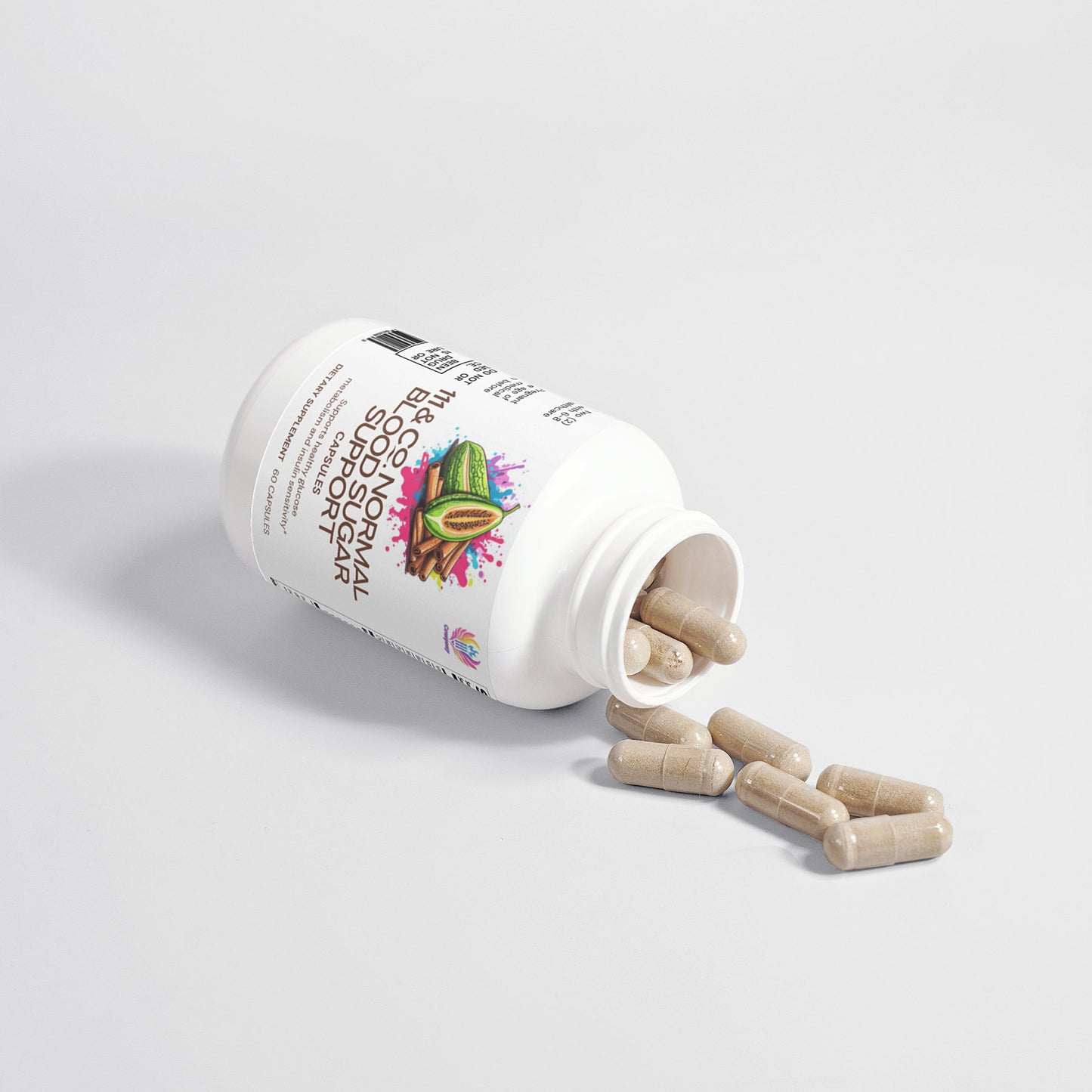 An open bottle of 111 & COMPANY NORMAL BLOOD SUGAR SUPPORT CAPSULES lies on its side, with beige capsules spilling out. The label features brightly colored illustrations and text on a plain white background, highlighting natural wellness.