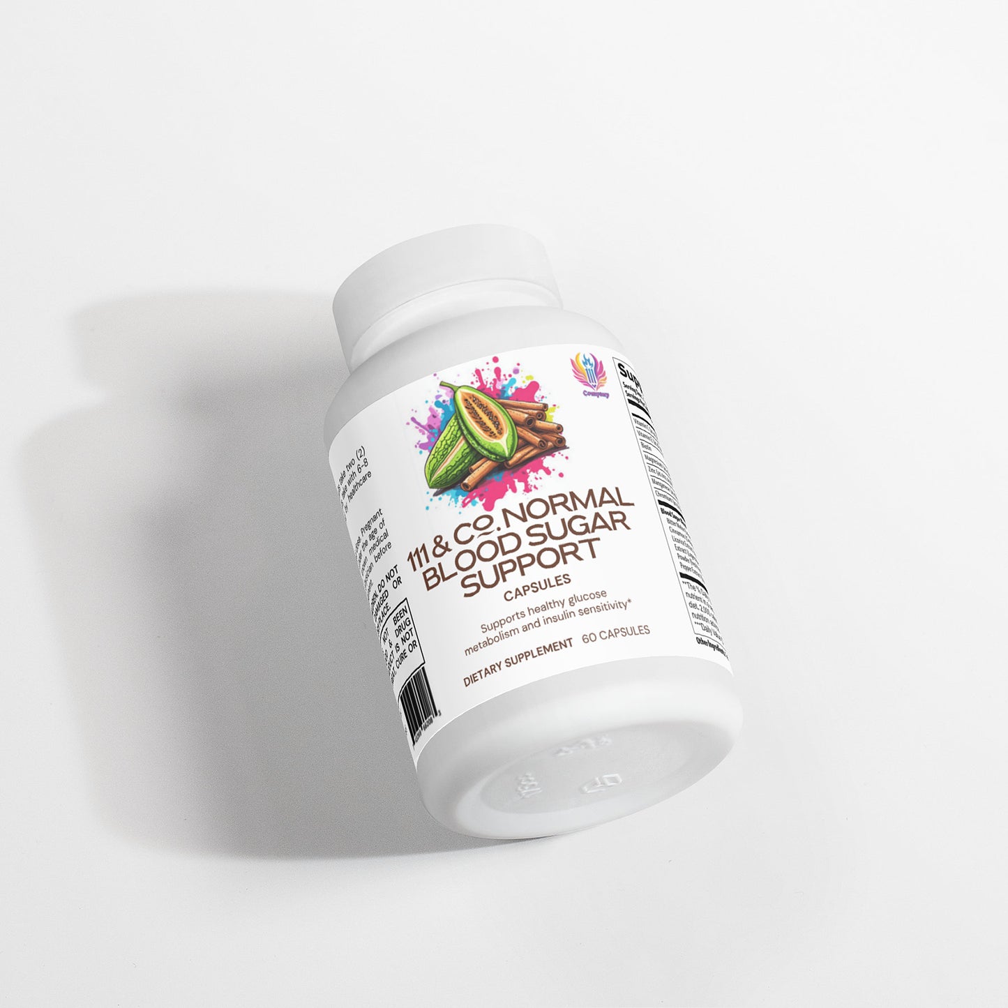 A white bottle labeled 111 & Company Normal Blood Sugar Support Capsules by 111 & Company is shown on a white background. The label features colorful fruit illustrations and lists ingredients such as fenugreek for boosting insulin sensitivity. Contains 60 capsules, dietary supplement, with a side QR code.
