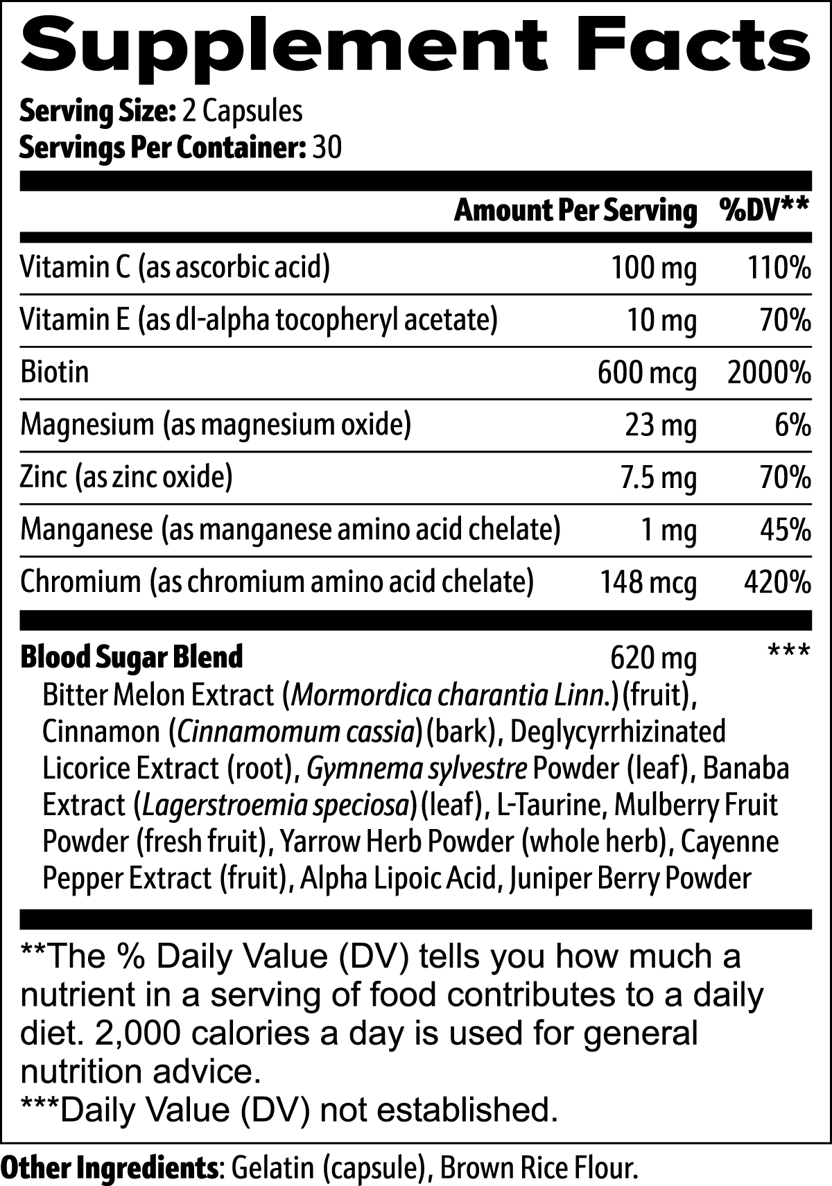 The Supplement Facts for 111 & COMPANY NORMAL BLOOD SUGAR SUPPORT CAPSULES outline nutrients per 2-capsule serving, including vitamins C, E, biotin, magnesium, zinc, manganese, and chromium. It features a Blood Sugar Blend with extracts and lists other ingredients like gelatin and brown rice flour.