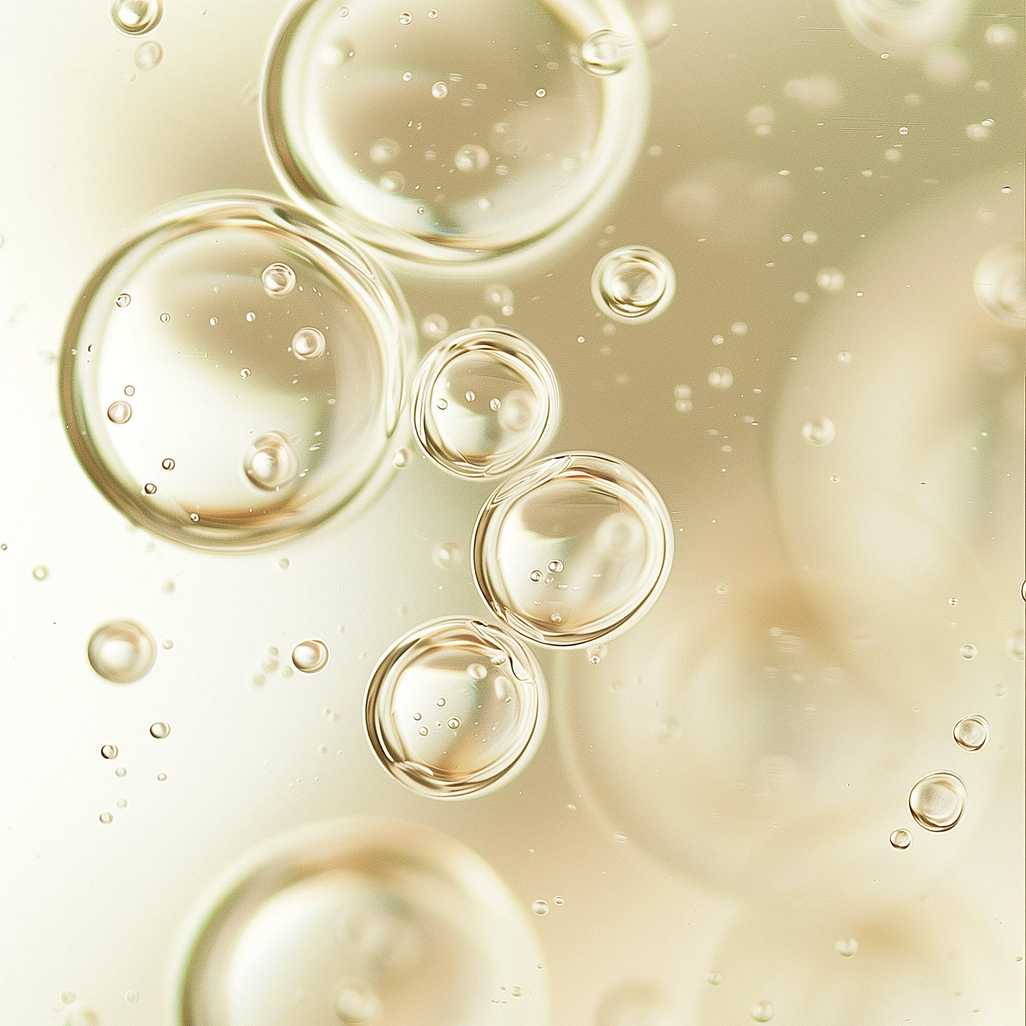 Translucent, spherical bubbles of various sizes float against a light beige background, reminiscent of droplets in 111 & COMPANY NOURISHING JOJOBA FACE OIL by 111 & Company. Overlapping and reflecting light, they create a delicate texture contributing to a soft, ethereal ambiance.