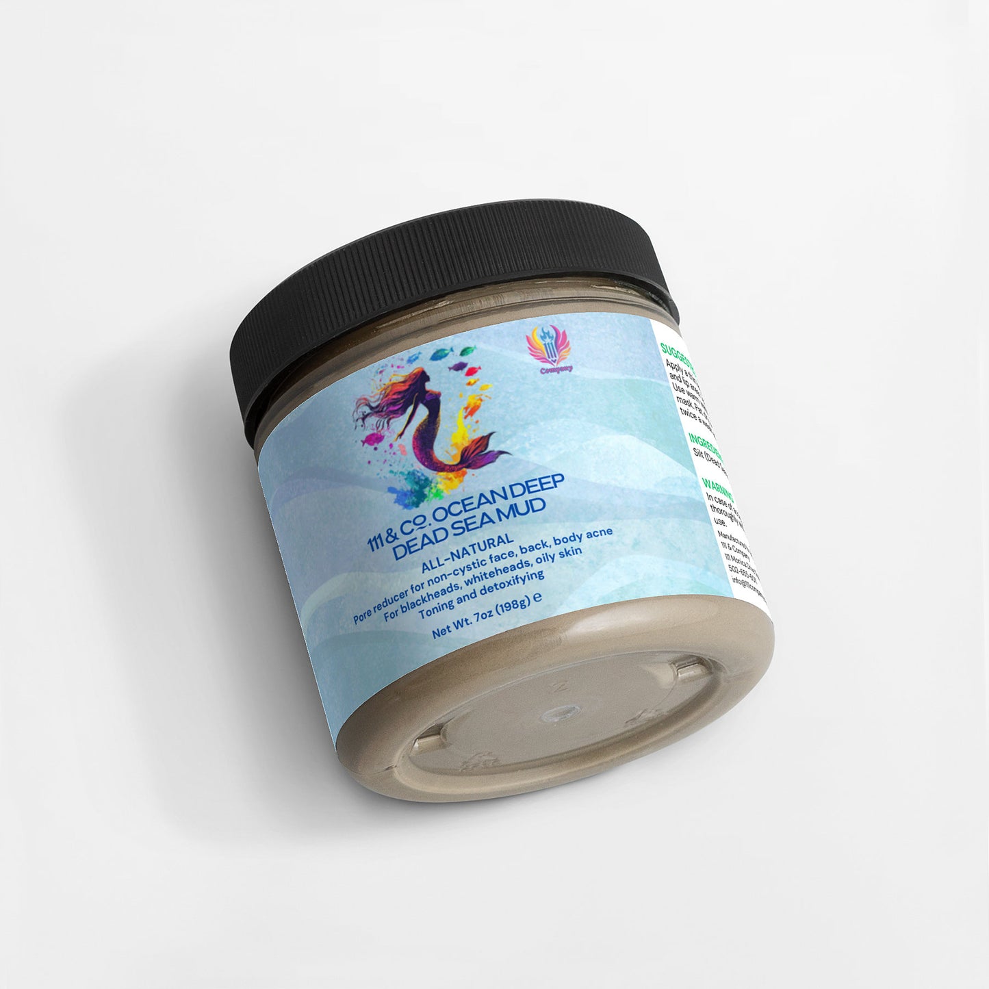 A 7oz (198g) jar of 111 & Co. OCEAN DEEP DEAD SEA MUD by 111 & Company sits on a white background, showcasing its blue mermaid-labeled black lid. This mineral-rich formula is an all-natural remedy for clearing impurities, acne, and body acne while moisturizing the skin.