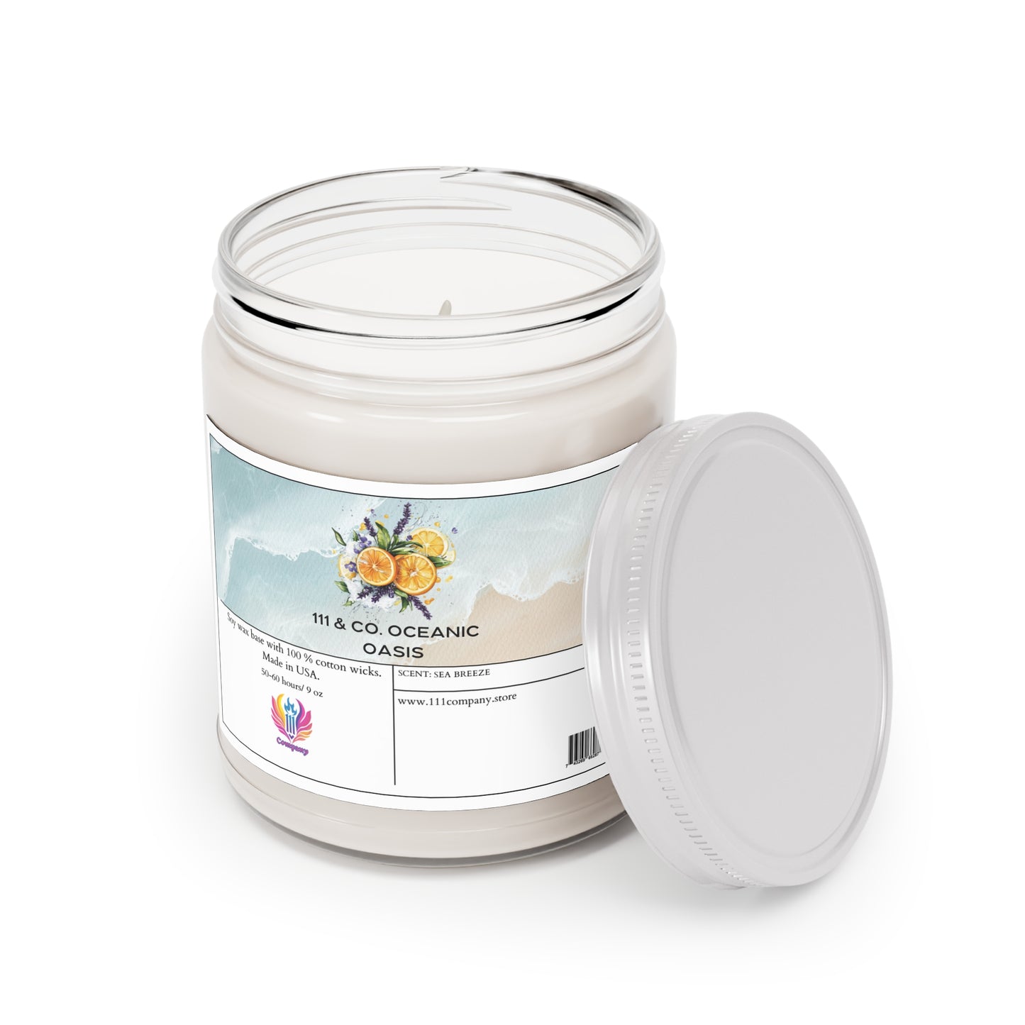 A white, 9oz soy wax candle from 111 & Company sits in a clear glass jar with a silver lid beside it. The label has watercolor tropical fruit and citrus designs and reads 111 & Company Oceanic Oasis. Website and social media icons are included at the bottom.