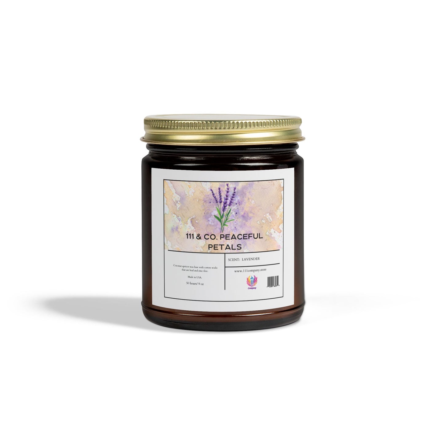 A 9oz amber jar candle with a golden lid labeled 111 & Co. Peaceful Petals by 111 & Company. The white label features lavender illustrations and the scent Lavender, exuding a relaxing, eco-friendly vibe. It casts a soft shadow on the plain white background, evoking natural serenity.