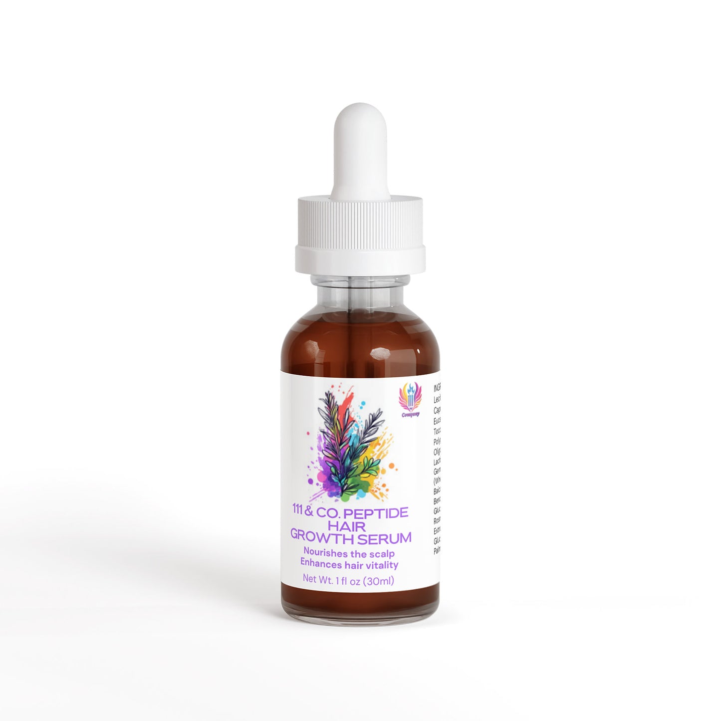 A brown glass dropper bottle labeled 111 & Company Peptide Hair Growth Serum, featuring colorful abstract artwork and a white dropper cap. This 1 fl oz (30ml) serum nourishes the scalp and supports thicker hair.