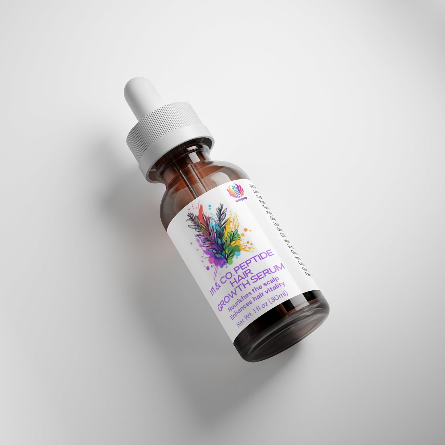 A brown glass dropper bottle labeled 111 & COMPANY PEPTIDE HAIR GROWTH SERUM lies on its side. The white label shows colorful botanical designs and text, highlighting scalp nourishment. The background is plain and light gray.
