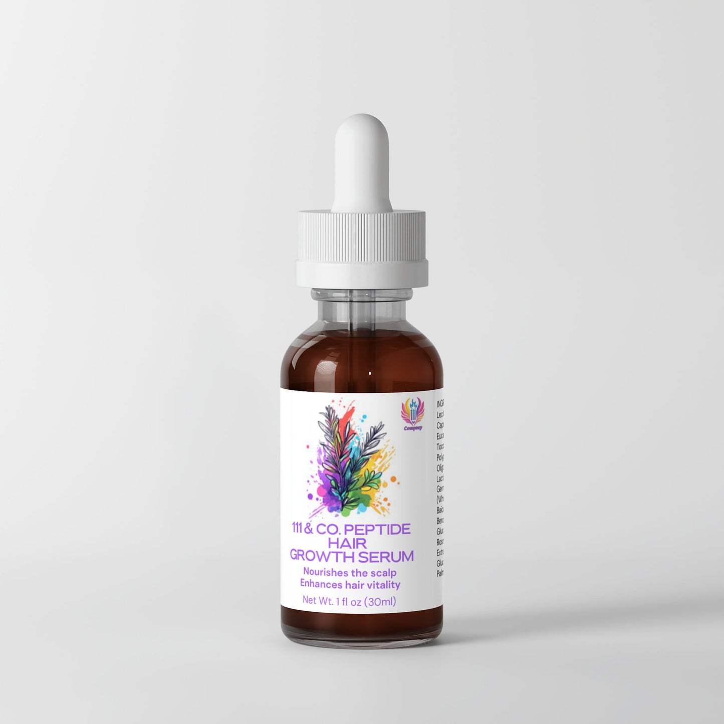 A brown glass dropper bottle labeled 111 & COMPANY PEPTIDE HAIR GROWTH SERUM by 111 & Company stands on a light surface. The white label shows colorful abstract hair art and highlights scalp nourishment for thicker, more vibrant hair.