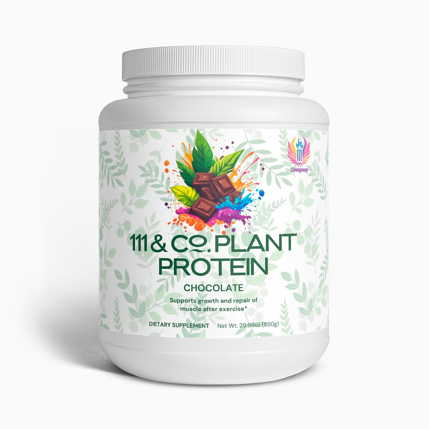 A white container of 111 & Company Plant Protein (Chocolate) features a label with vibrant chocolate pieces, colorful splashes, and green leaves. Its described as a dietary supplement for muscle growth and recovery, with a net weight of 29.98 oz (850g).