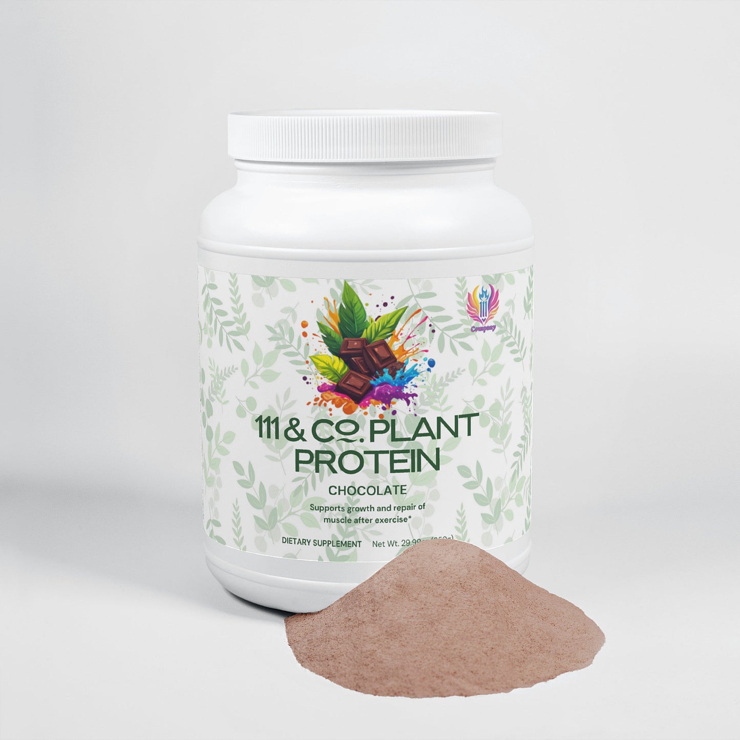 A white container labeled 111 & Company Plant Protein (Chocolate) from 111 & Company, showcasing cocoa and leaf designs on a light background, sits in front of chocolate protein powder, emphasizing its muscle recovery and repair benefits.
