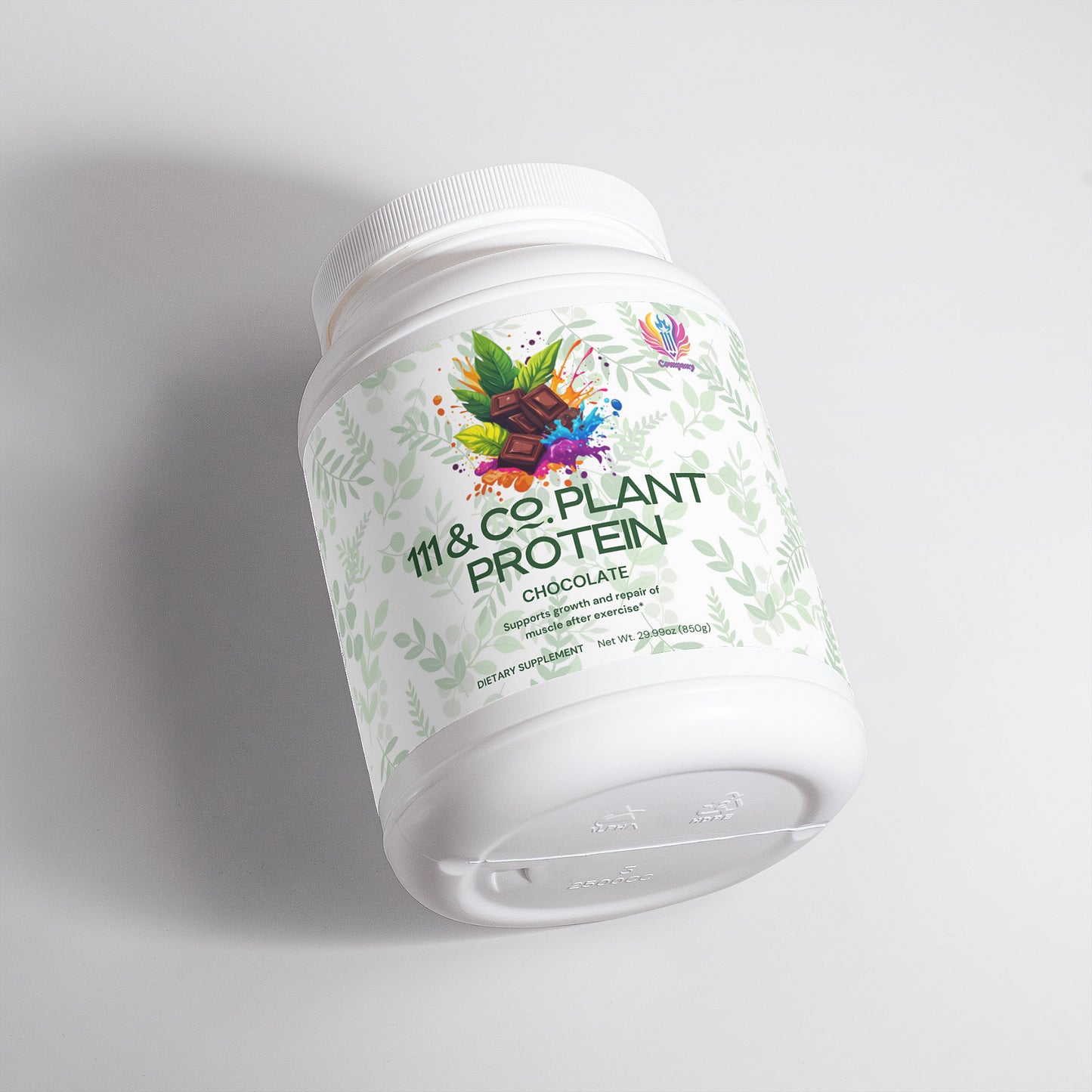 The white container of 111 & Company Plant Protein (Chocolate) features green leaf patterns, chocolate illustrations, and a bird, highlighting its rich chocolate flavor. This vegan blend is ideal for muscle recovery, offers 25 servings, and has a sealed lid against a white background.