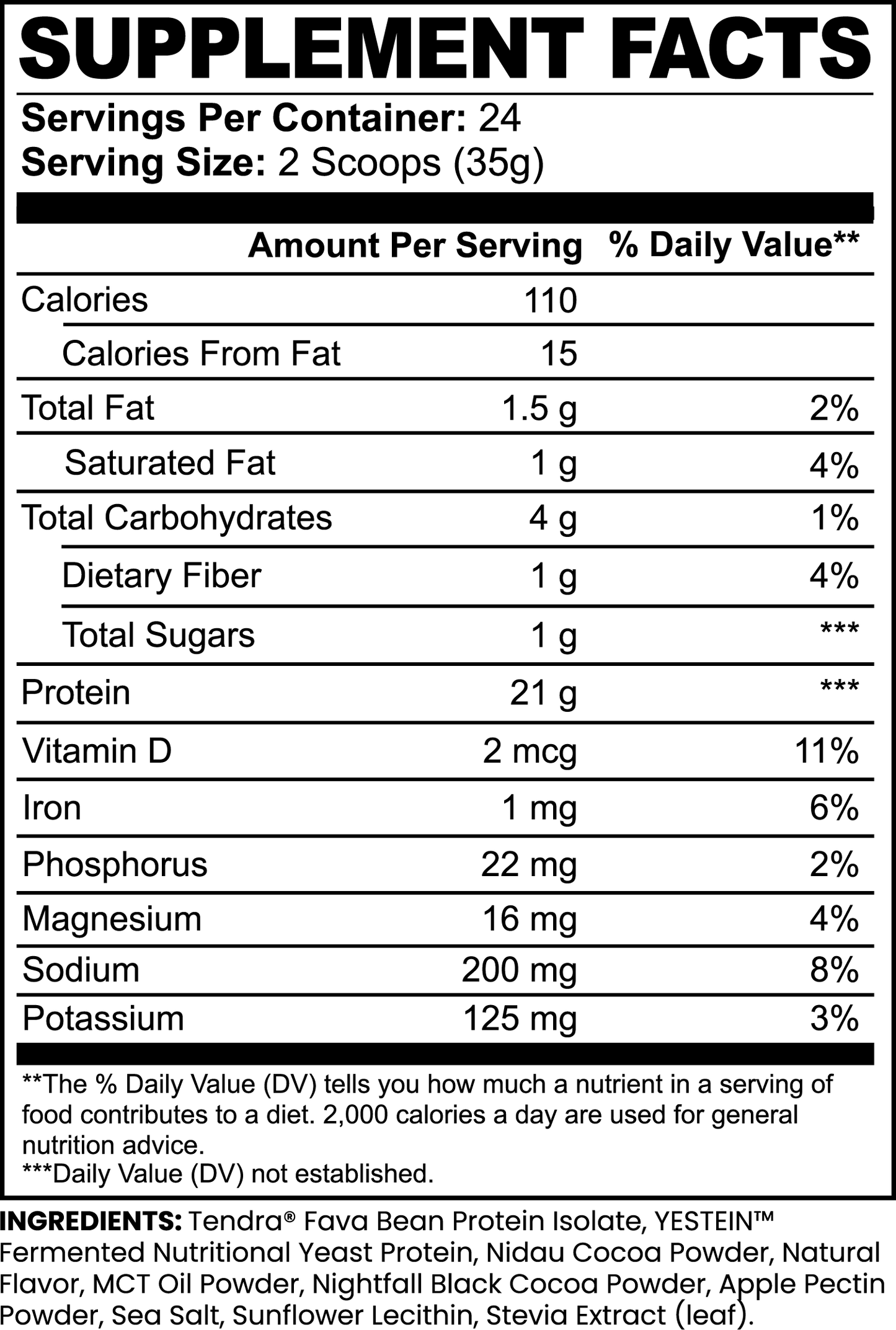 The 111 & COMPANY PLANT PROTEIN (CHOCOLATE) by 111 & Company has a black and white supplement facts label detailing muscle recovery info, serving size, servings per container, and nutritional details like 110 calories and 15g protein per serving. Ingredients include Fava Bean Plant Protein and MCT oil. Percent Daily Values are based on a 2,000 calorie diet.