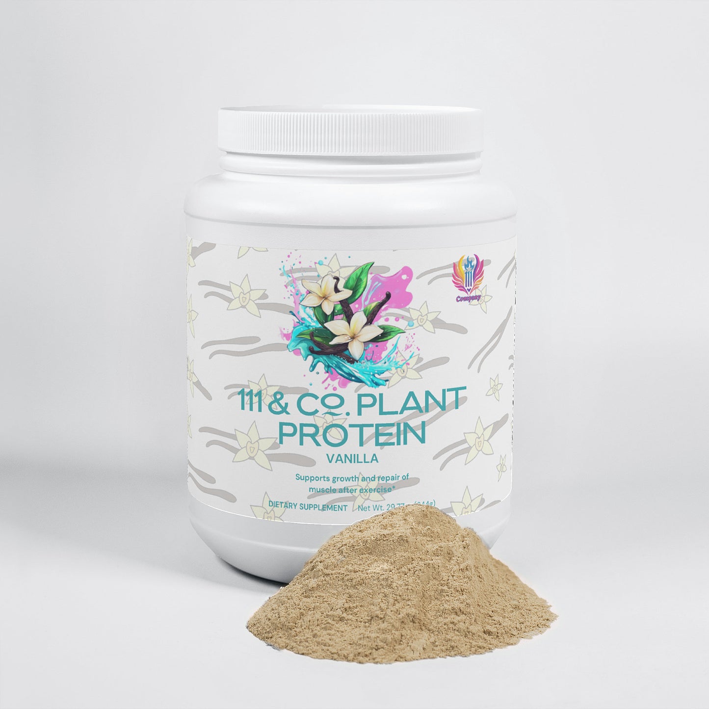 A large white container of 111 & COMPANY PLANT PROTEIN (VANILLA) by 111 & Company features a vanilla flower and pod label. In front, a small mound of light brown protein powder showcases its complete amino acid profile for growth and muscle recovery.