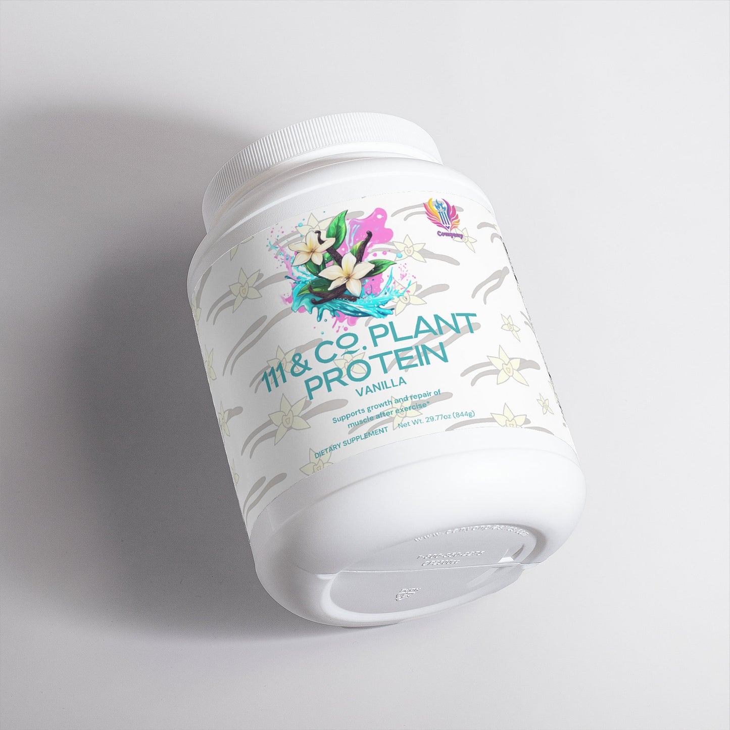 A white container of 111 & COMPANY PLANT PROTEIN (VANILLA) by 111 & Company features floral and vanilla illustrations, blue and pink accents, detailing its amino acid profile. Tilted against a light gray background, it highlights the sleek design for optimal muscle recovery.