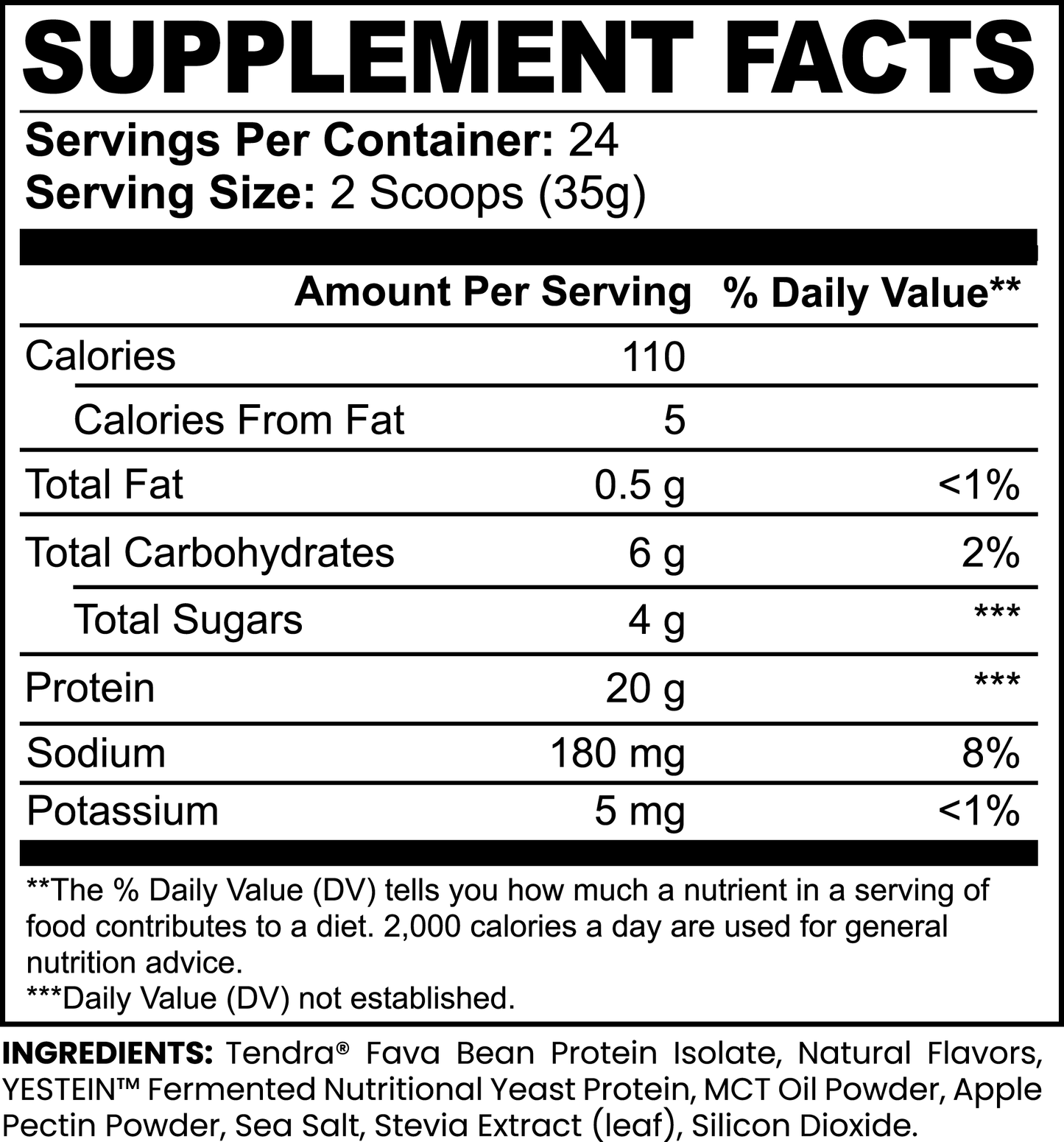 The black and white label for 111 & COMPANY PLANT PROTEIN (VANILLA) by 111 & Company provides nutritional facts per 35g serving (2 scoops), perfect for muscle repair. It lists calories, fats, carbs, sugars, plant protein, sodium, potassium with daily value percentages and includes ingredients plus a daily value disclaimer.