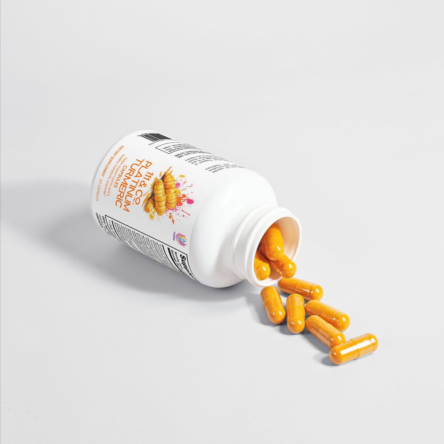 A white bottle labeled PLATINUM TUMERIC CAPSULES from 111 & Company lies on a gray surface, with yellow capsules spilling out amid vibrant honeycomb graphics. Infused with Boswellia Extract, this supplement promises enhanced wellness.