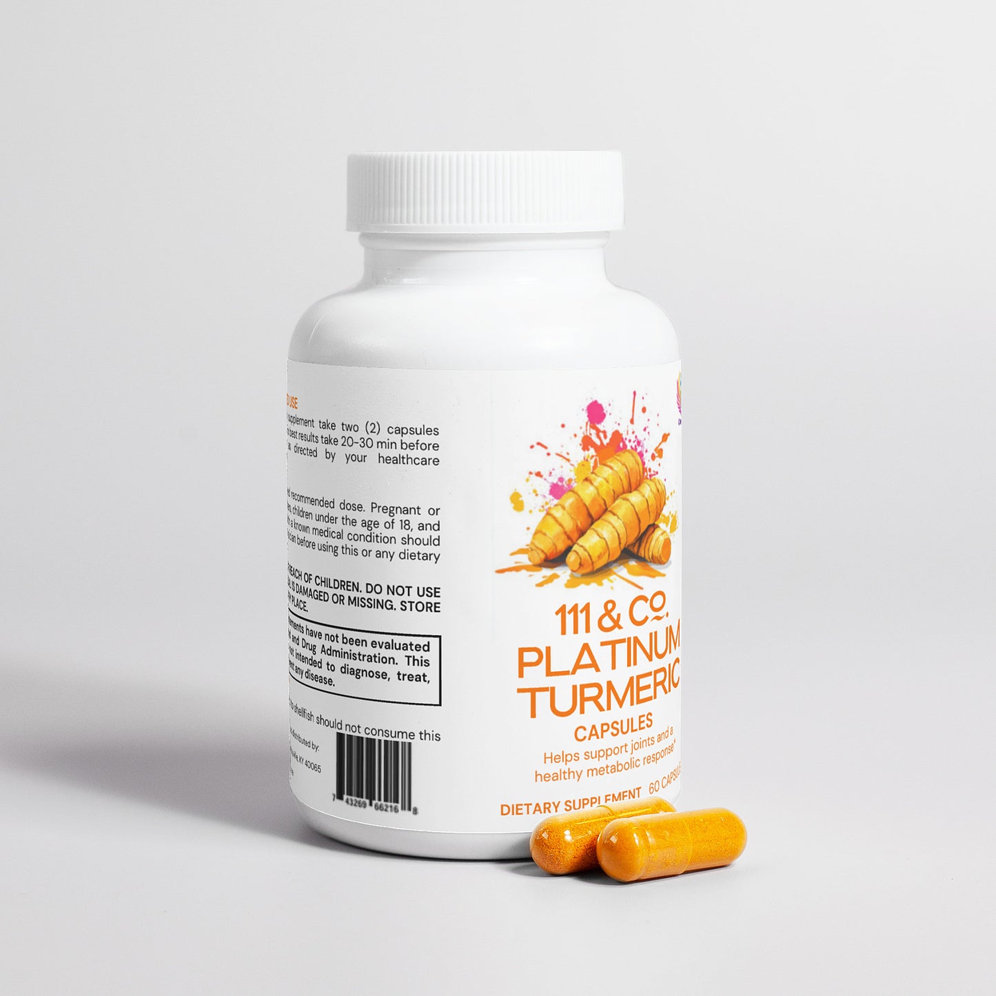 A white bottle labeled 111 & COMPANY PLATINUM TUMERIC CAPSULES by 111 & Company, featuring turmeric roots, offers usage instructions and a health disclaimer. Two orange capsules with Boswellia Extract lie on a pristine white surface in front of it.