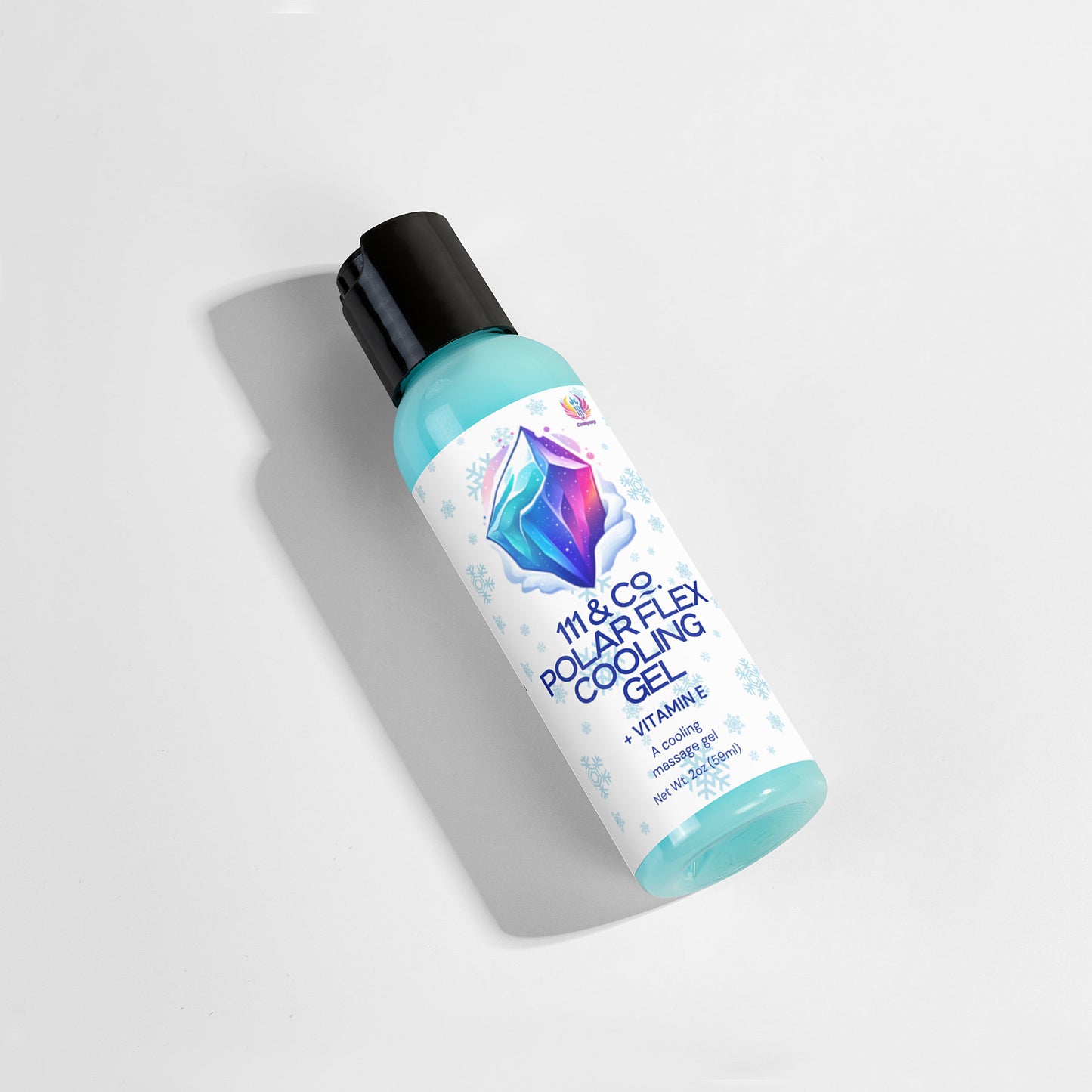 A bottle of 111 & Company Polar Flex Cooling Gel is set against a white background, highlighting its light blue hue and black cap. The label features an icy design with a snowflake pattern, emphasizing cooling effects and natural ingredients ideal for pre- and post-workout skincare. Brand: 111 & Company.