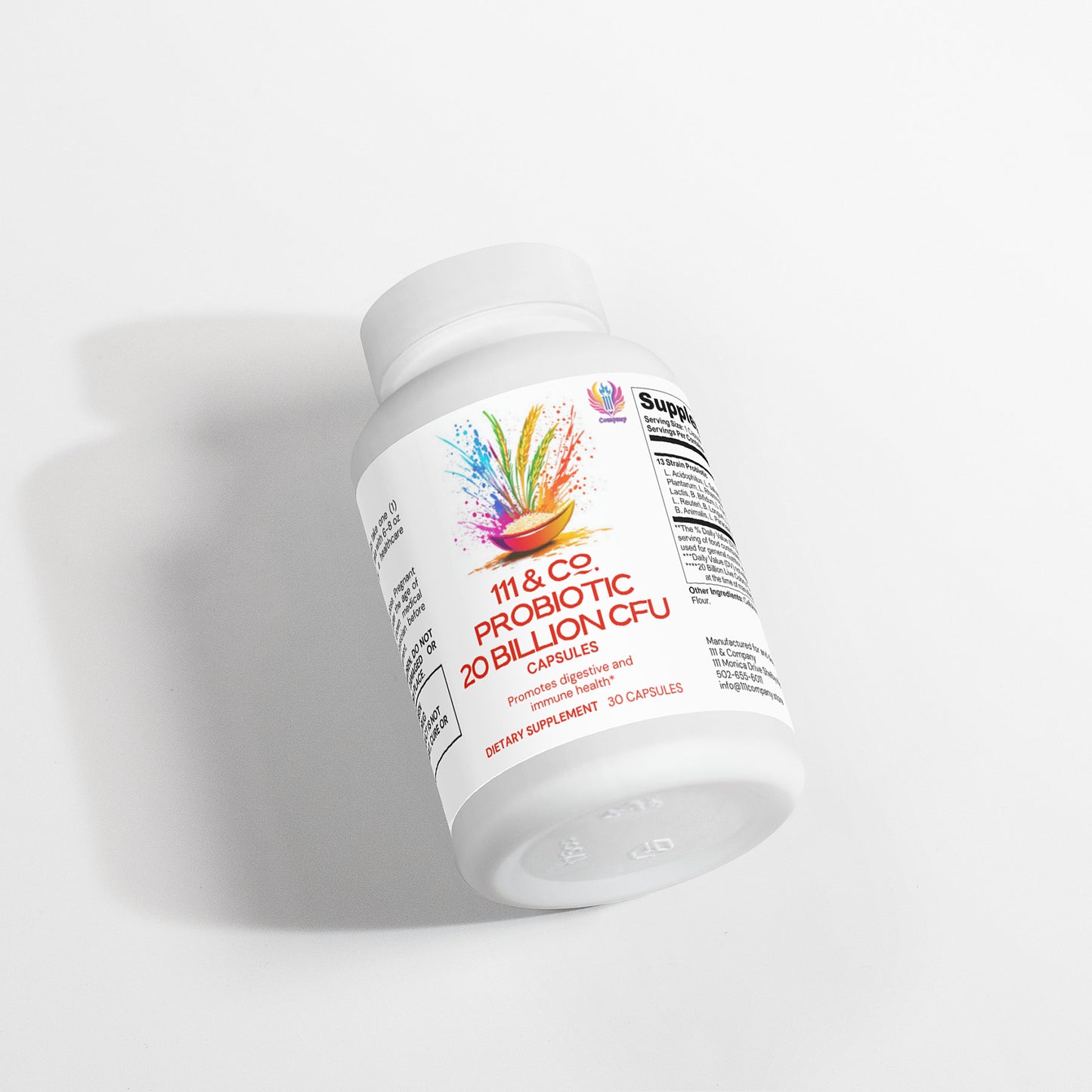 Discover 111 & COMPANY PROBIOTIC 20 BILLION CFU capsules. Featuring a vibrant splash graphic, these dietary supplement capsules support digestive health and immunity. The sleek bottle, holding 30 capsules, is showcased on a light gray background.
