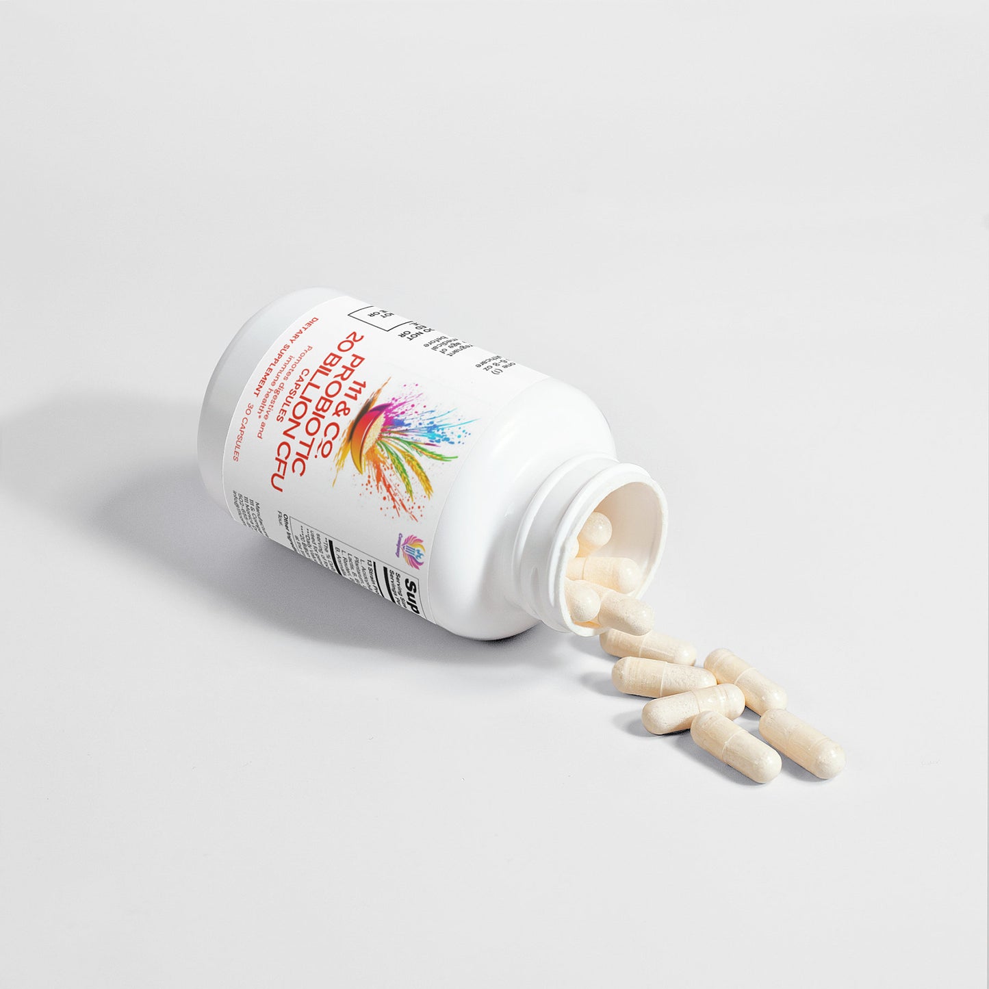 A white bottle labeled 111 & COMPANY PROBIOTIC 20 BILLION CFU from 111 & Company lies on its side against a light background, cap off, with beige capsules spilling out, promoting digestive health. The label features colorful graphics and text detailing the products contents and immune support usage.