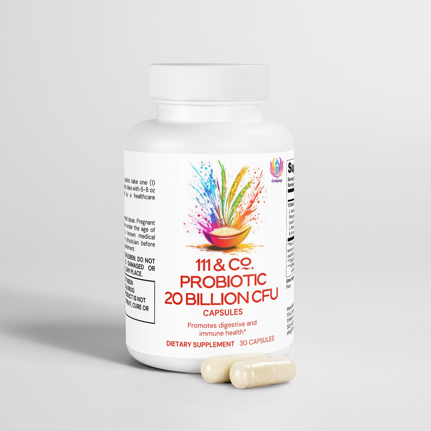 A white bottle of 111 & COMPANY PROBIOTIC 20 BILLION CFU by 111 & Company features a colorful design, promotes digestive health and immune support, and contains 30 capsules. Two beige capsules are displayed in front of the bottle against a plain background.
