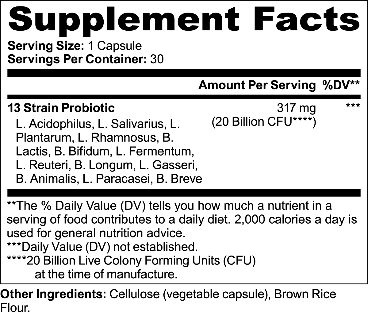 The Supplement Facts label for 111 & COMPANY PROBIOTIC 20 BILLION CFU details a probiotic dietary supplement capsule with 13 strains, including L. Acidophilus and B. Lactis, totaling 317 mg (20 Billion CFU), to enhance immunity and digestion. Serving size: 1 capsule. Contains vegetable cellulose capsule, brown rice flour; daily value not established.