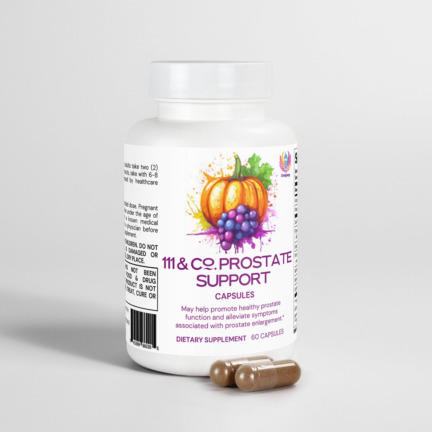 A white bottle of 111 & COMPANY PROSTATE SUPPORT from 111 & Company features a design with a pumpkin and grapes, promoting natural mens wellness and healthy prostate function. Two brown capsules are shown in front of the 60-capsule dietary supplement bottle.