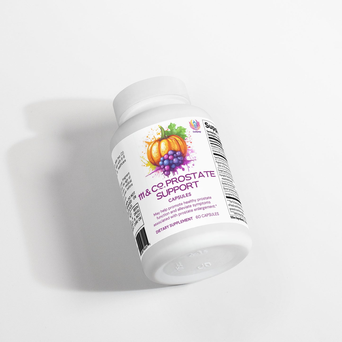 A white bottle labeled 111 & COMPANY PROSTATE SUPPORT features pumpkin and grape graphics, highlighting its natural ingredients. With 60 dietary supplement capsules from 111 & Company, it’s tilted on a white surface to show text promoting mens wellness.