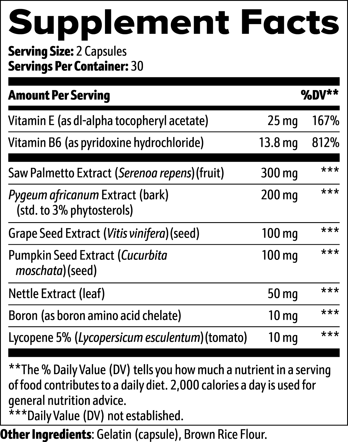 The 111 & COMPANY PROSTATE SUPPORT label shows nutritional details for two capsules per serving, with 30 servings per container. Designed for mens wellness, it includes vitamins E and B6, plant extracts, gelatin, brown rice flour, and a % daily value note.
