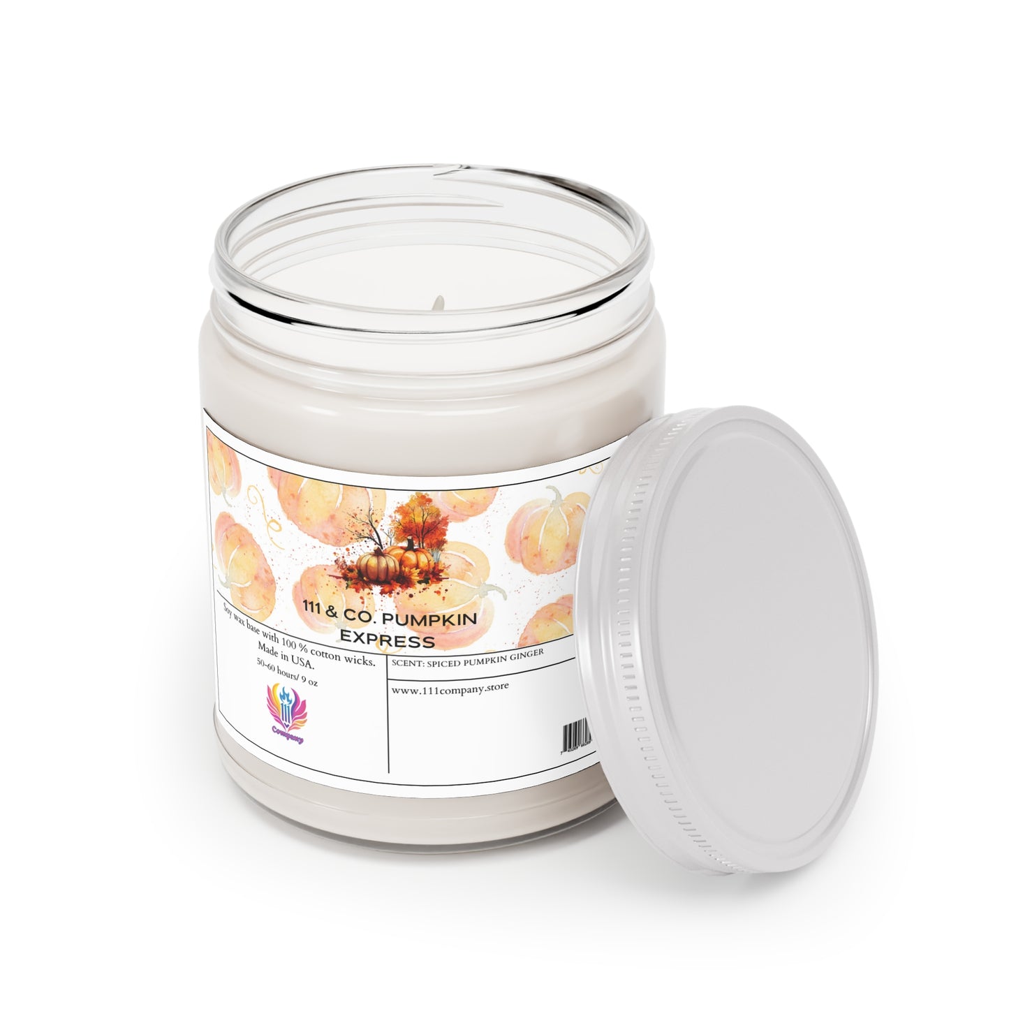 The 111 & Company Pumpkin Express candle from 111 & Company is a 9oz soy wax autumn candle in a glass jar with a white lid. Its label displays watercolor pumpkins and leaves, featuring pumpkin spice, ginger, and vanilla notes, making it perfect for the season.