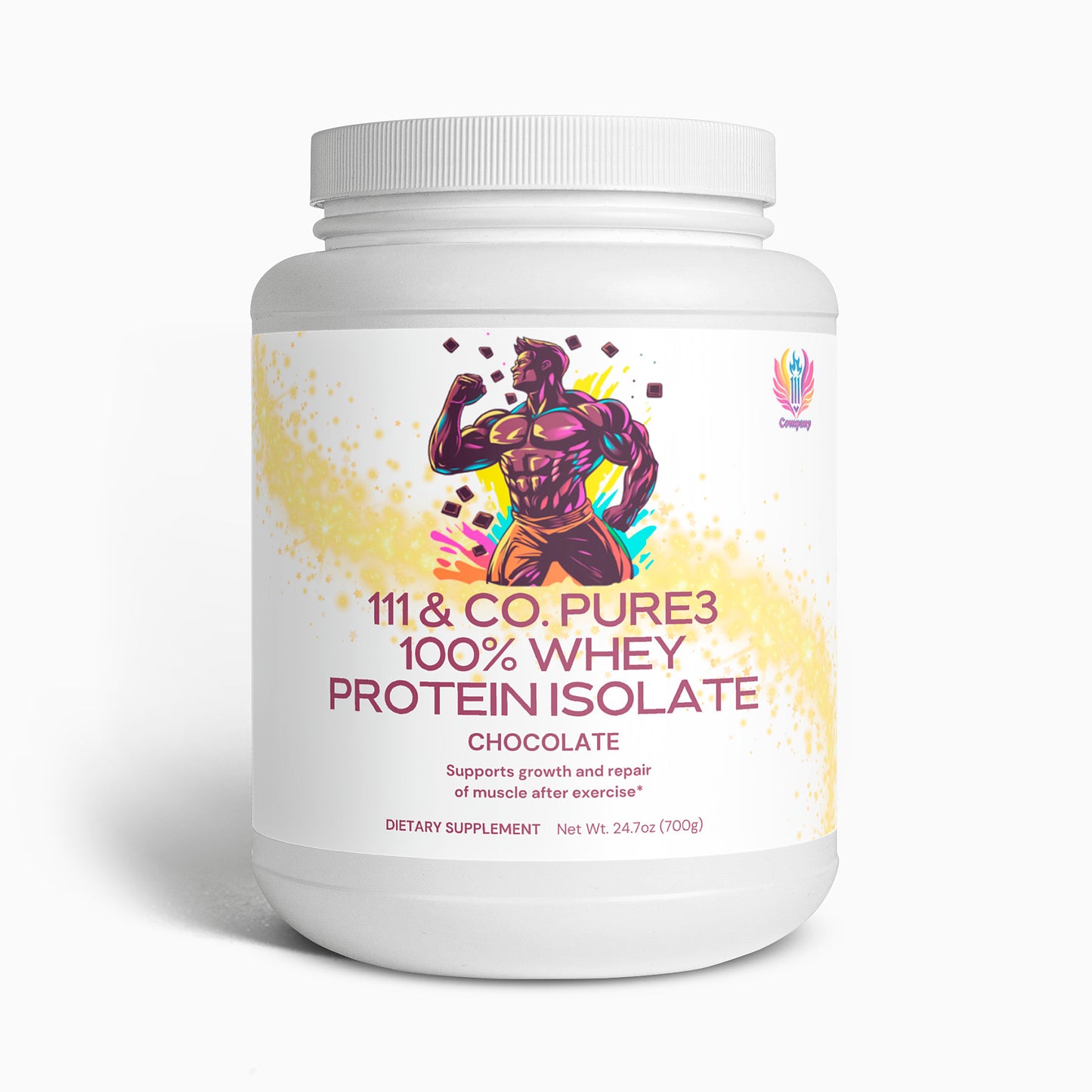 A white container of 111 & COMPANY PURE3 100% Whey Protein Isolate (Chocolate) features a colorful muscular figure flexing on the label. Naturally sweetened, it supports muscle growth and repair post-exercise and contains 24.7 oz (700g).