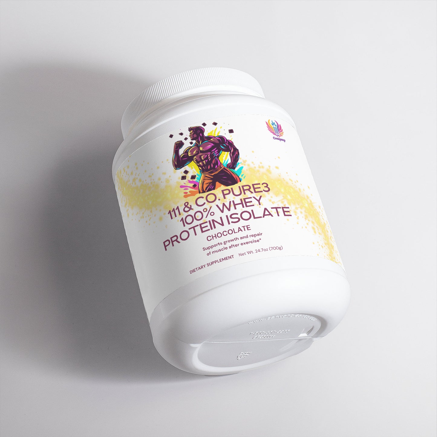 A white container of 111 & COMPANY PURE3 100% Whey Protein Isolate (Chocolate) supports muscle growth, featuring a weightlifter on the label. This jar with natural sweetener is set against a plain light gray background.