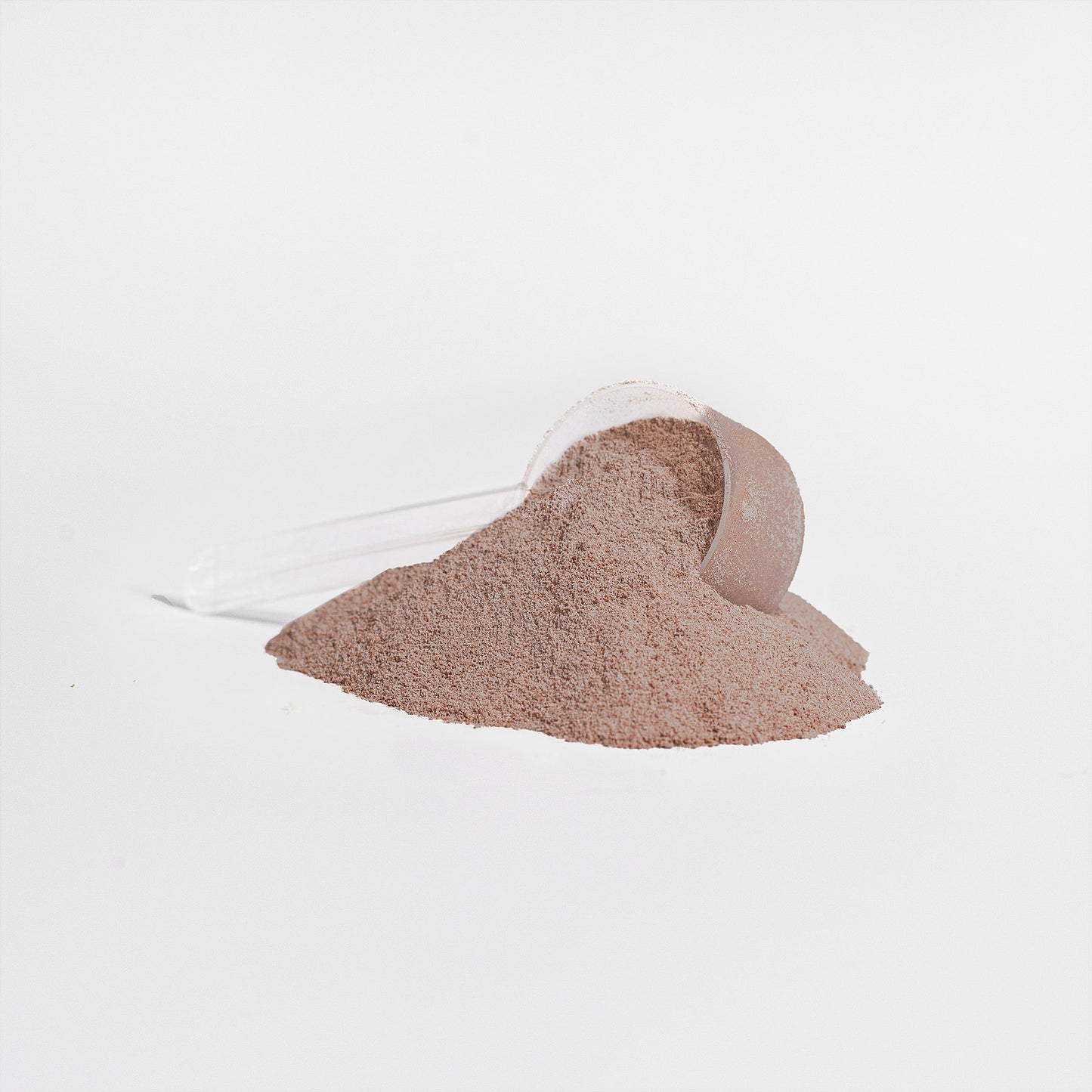 A clear scoop filled with beige 111 & Company PURE3 100% Whey Protein Isolate (Chocolate) rests on a white background, partially buried in a small mound. The fine texture suggests its role in muscle growth. Even lighting enhances the pure and simple presentation.