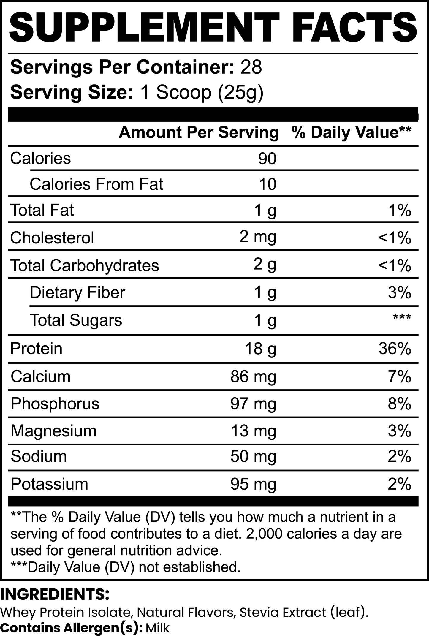 The 111 & COMPANY PURE3 Chocolate Whey Protein Isolate label highlights whey protein for muscle growth with 28 servings. Each scoop has 90 calories, 1g fat, 3g carbs, and 18g protein. Enhanced with stevia, it contains essential minerals and milk.