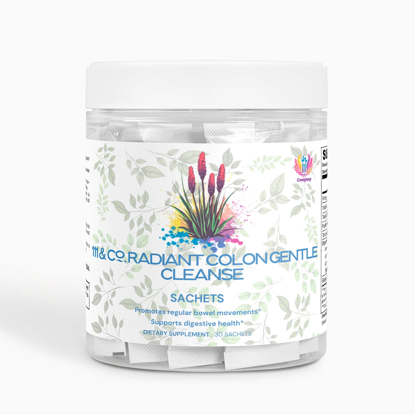 A white container labeled 111 & Co. Radiant Colon Gentle Cleanse Sachets by 111 & Company showcases vibrant plant graphics to emphasize its natural ingredients. It aids regular bowel movements and digestive health, featuring 30 sachets against a light backdrop with gentle leaf motifs.