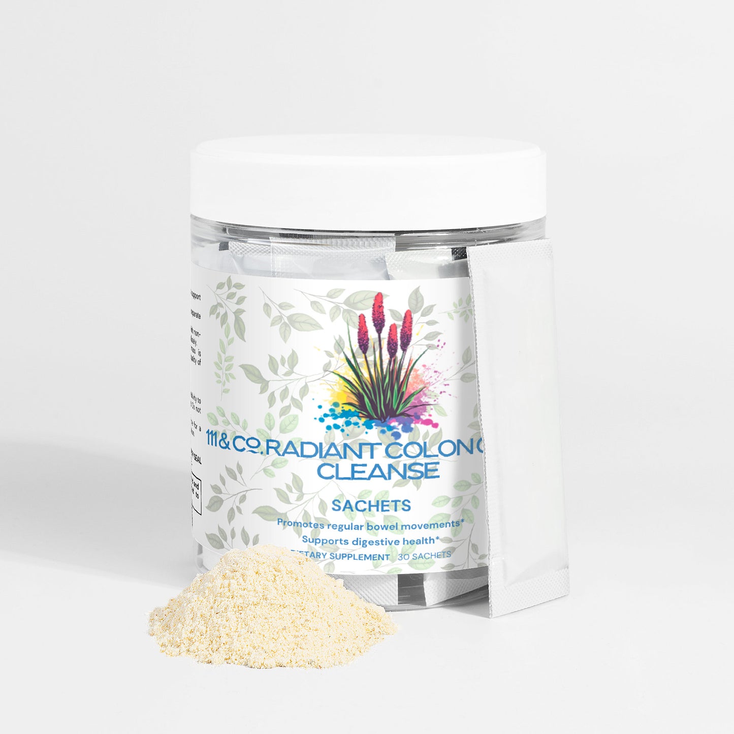 Clear jar with a white lid filled with multiple sachets of 111 & Co. Radiant Colon Gentle Cleanse, showcasing floral graphics and benefits for bowel regularity and digestive health. Made from natural ingredients, with some powder in front of the jar.