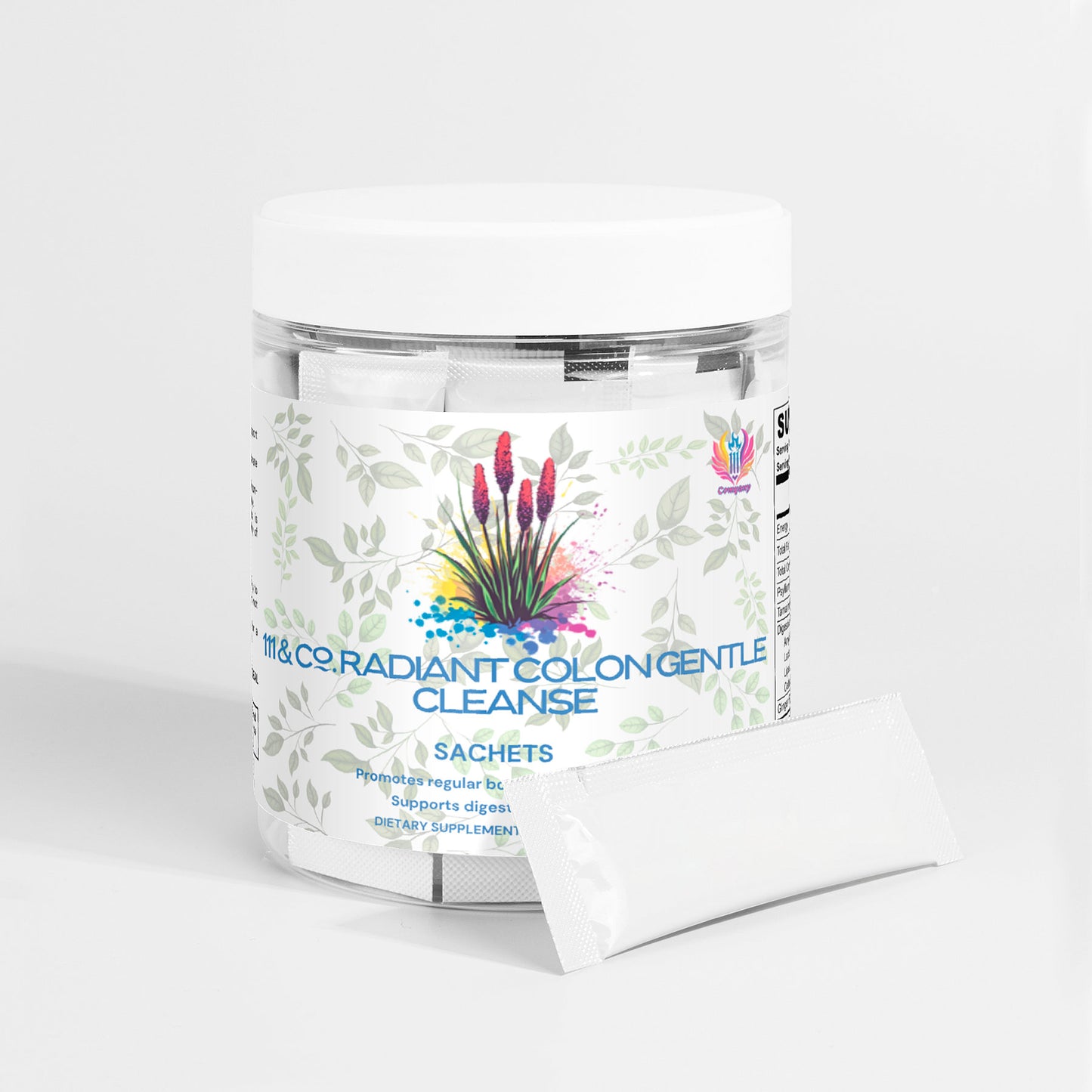 A clear jar from 111 & Company holds white sachets labeled 111 & Co. Radiant Colon Gentle Cleanse, featuring a colorful design with reeds and leaves. Known for its natural ingredients, it aids regularity and digestive health. A sachet leans against the jar, showing its user-friendly design.